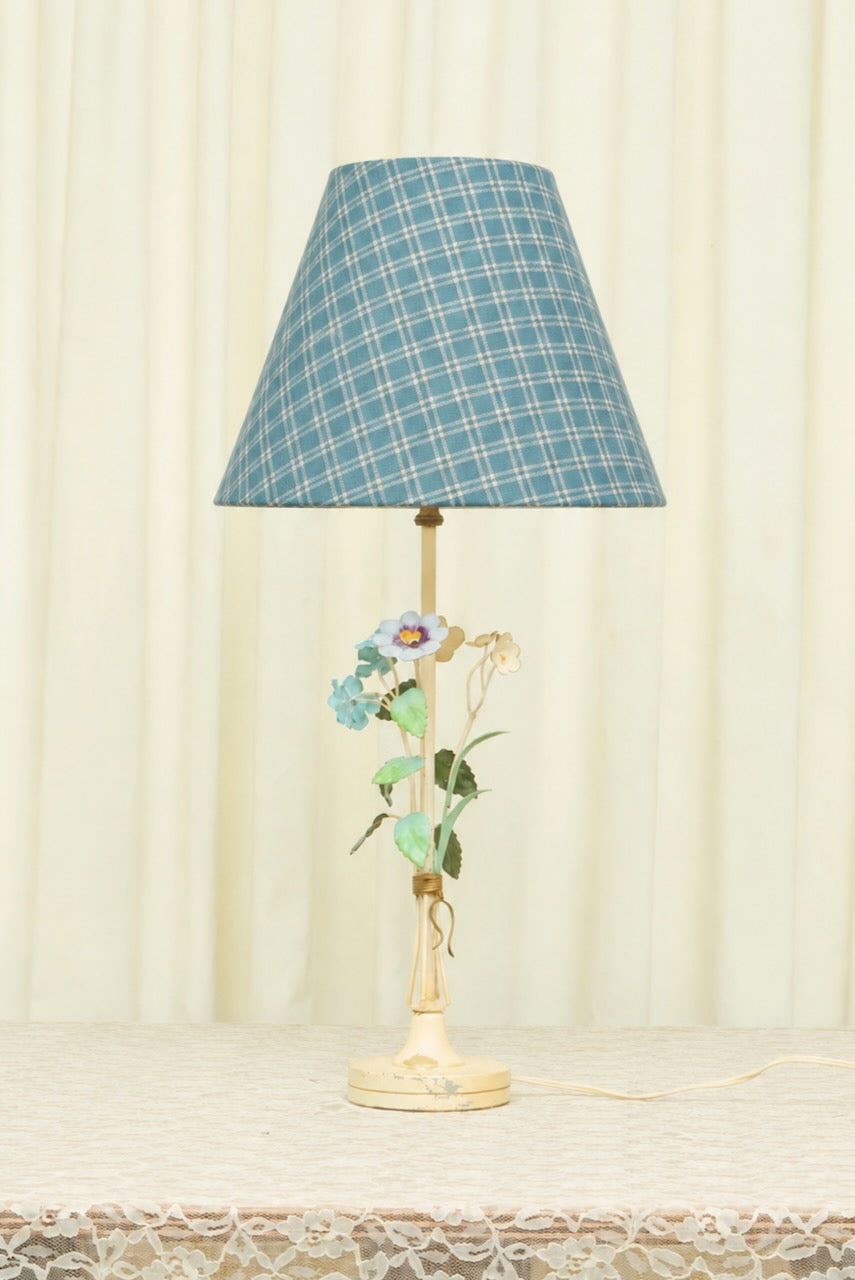 Vintage Metal Floral Lamp w/ Plaid Shade