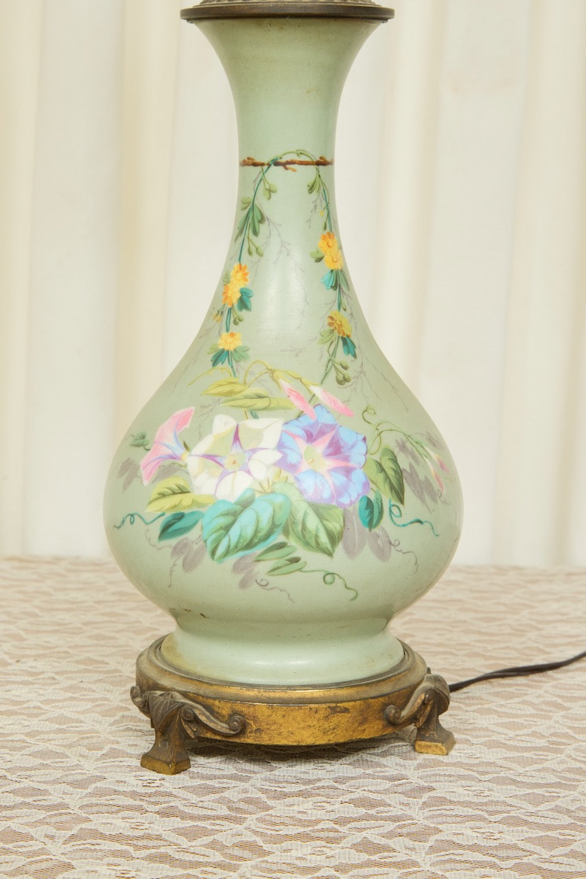 Antique Painted Floral Lamp w/ Shade