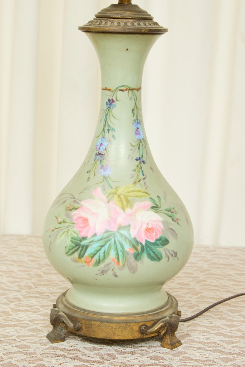 Antique Painted Floral Lamp w/ Shade