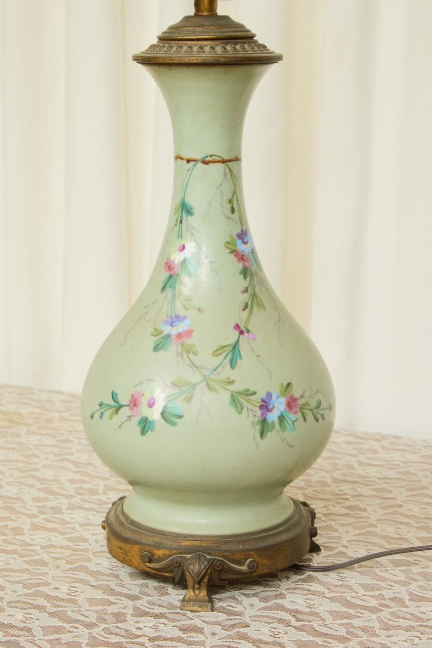 Antique Painted Floral Lamp w/ Shade