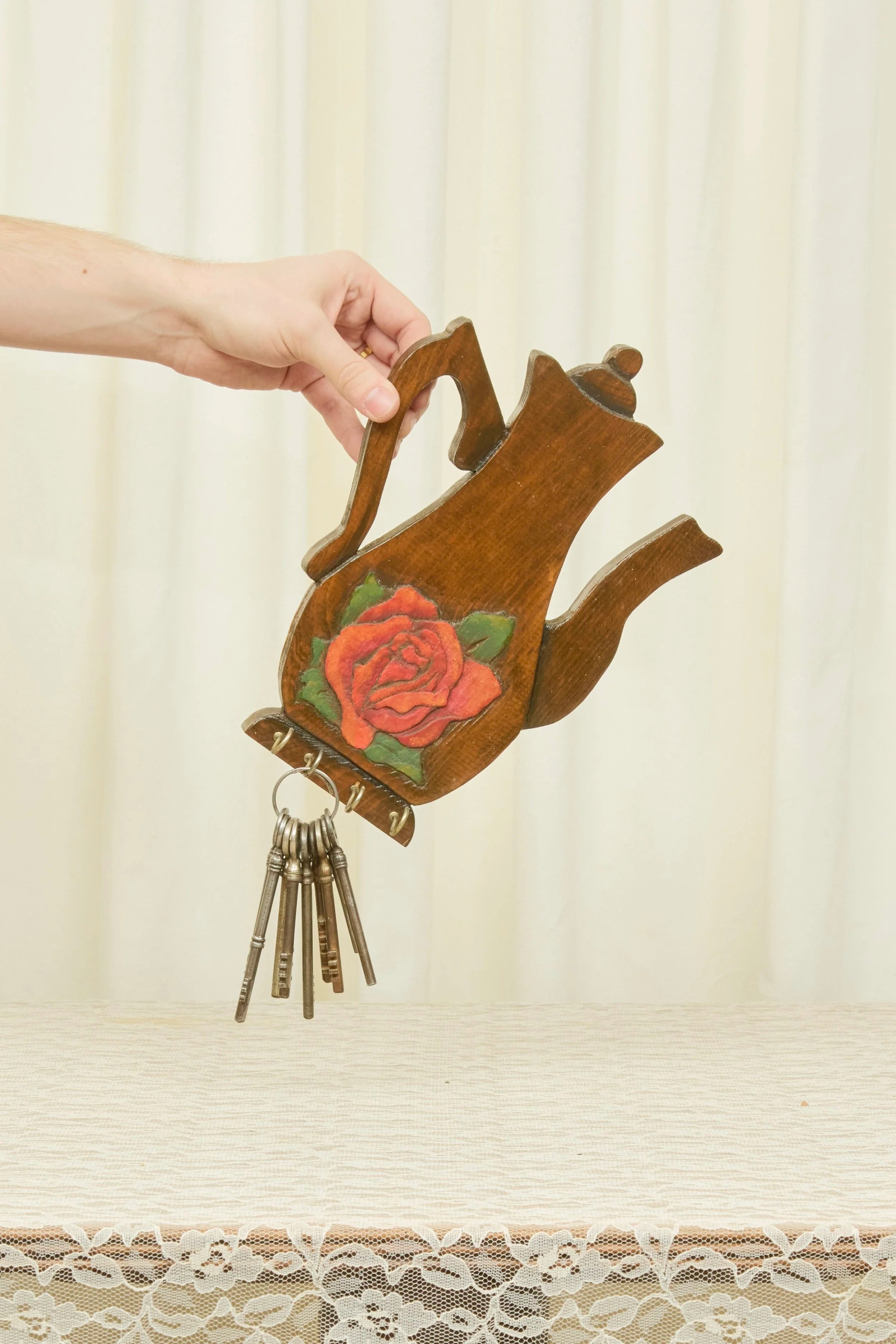 Vintage Rose Teapot Wall Hook