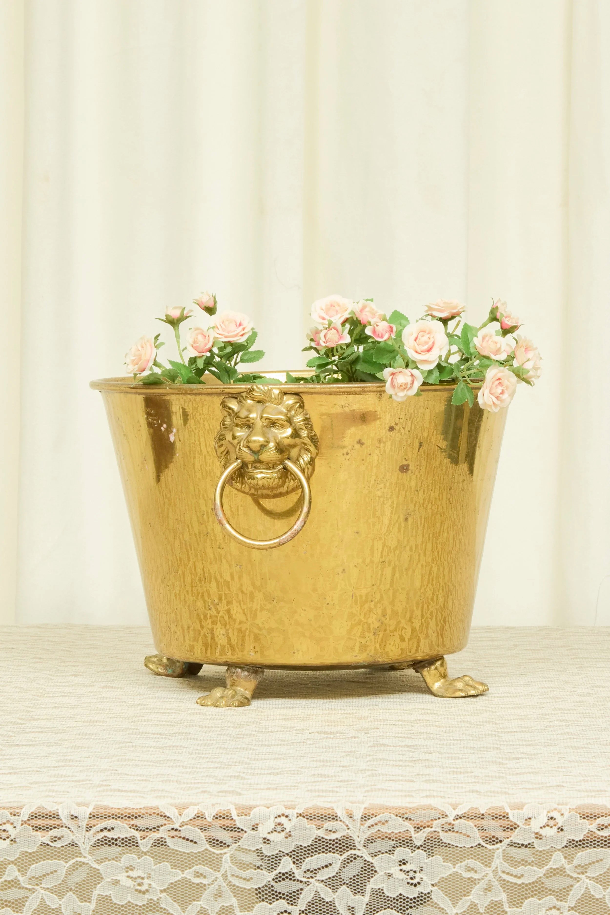 Vintage Brass Lion Head Footed Bucket/Planter