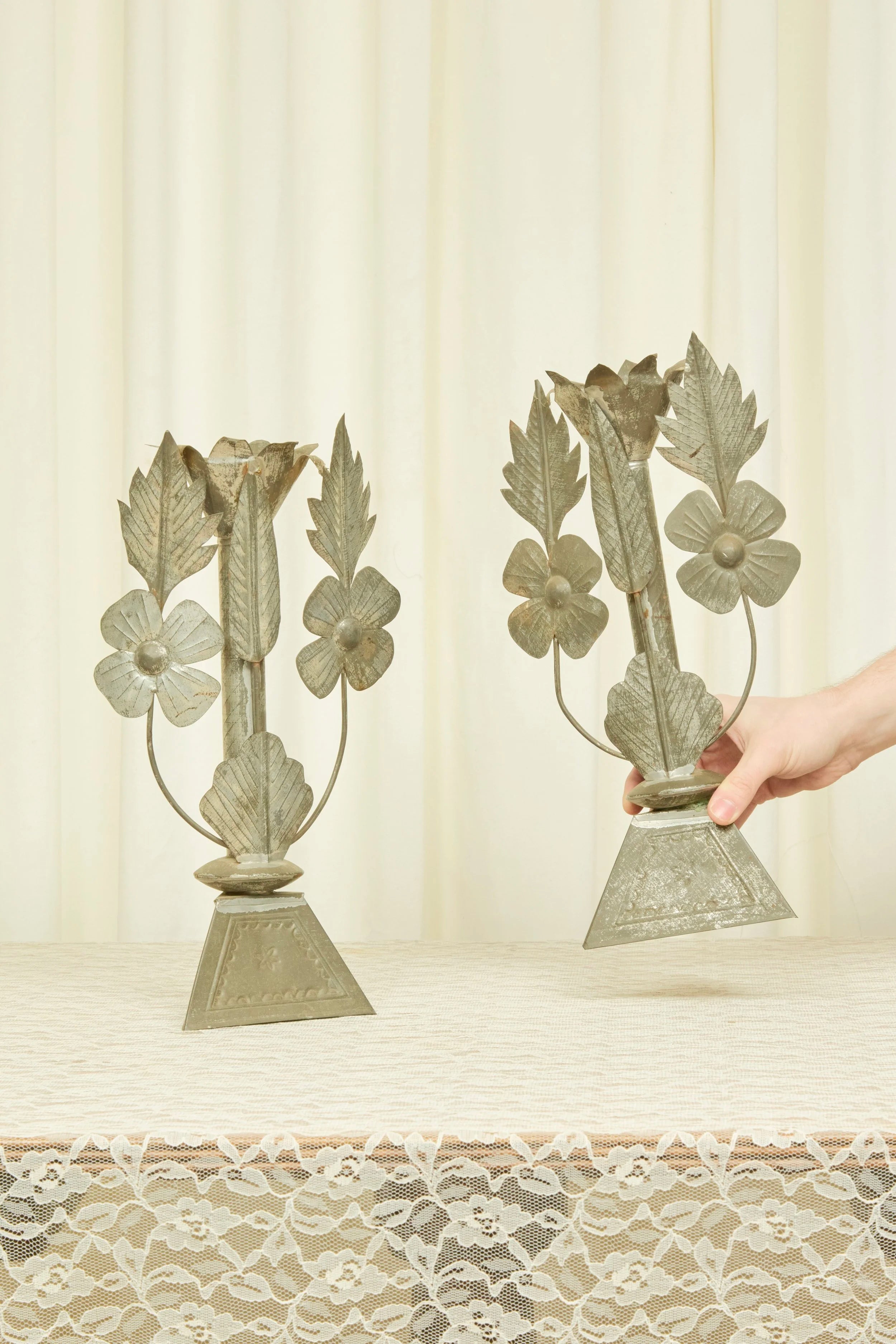 Vintage Tin Floral Candle Holder Set/2
