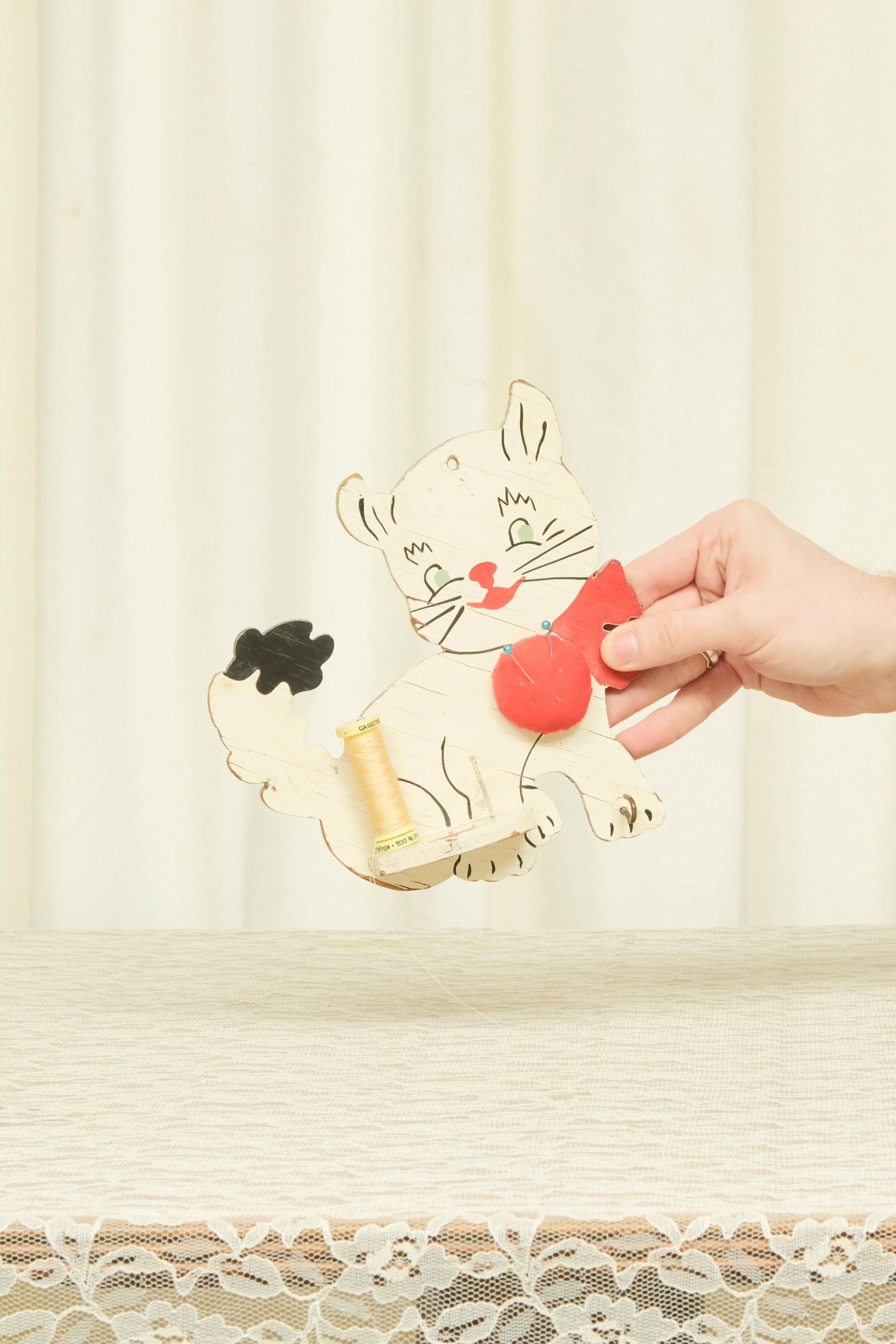 Antique Folk Art Cat Wall Pincushion