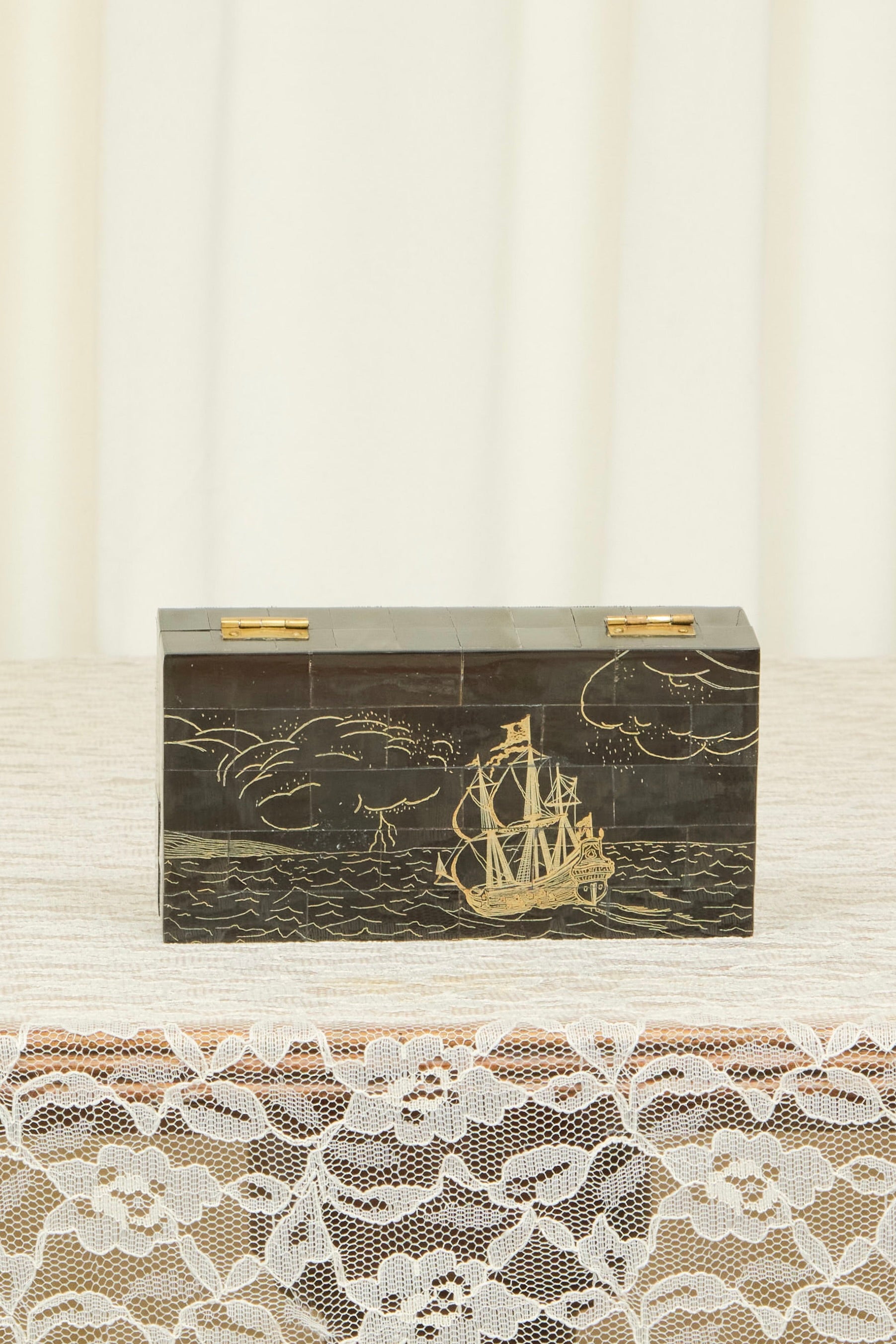 Vintage Etched Sailboat Trinket Box