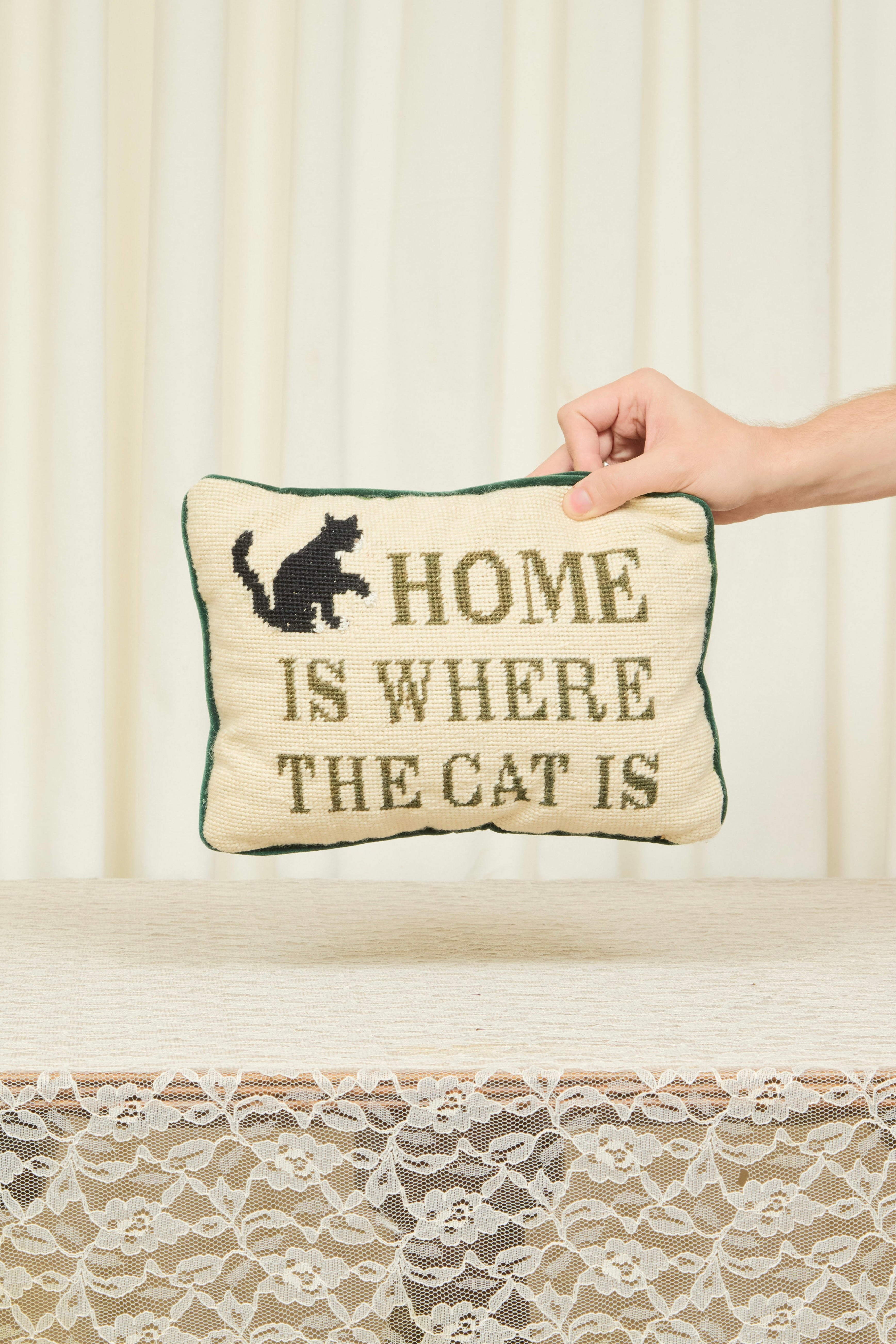 Vintage "Home is Where the Cat is" Needlepoint Pillow