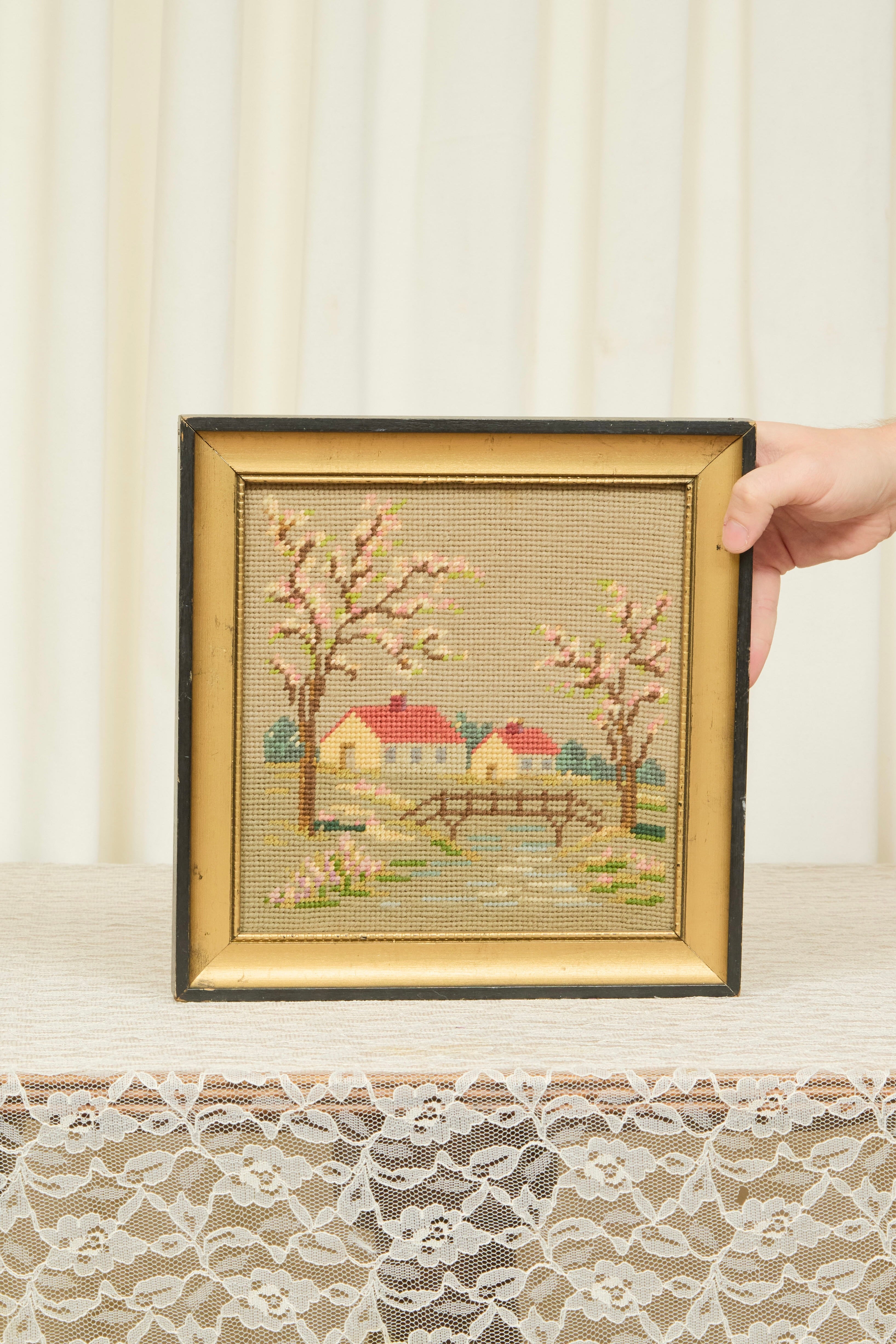 Vintage Cottage Framed Needlepoint