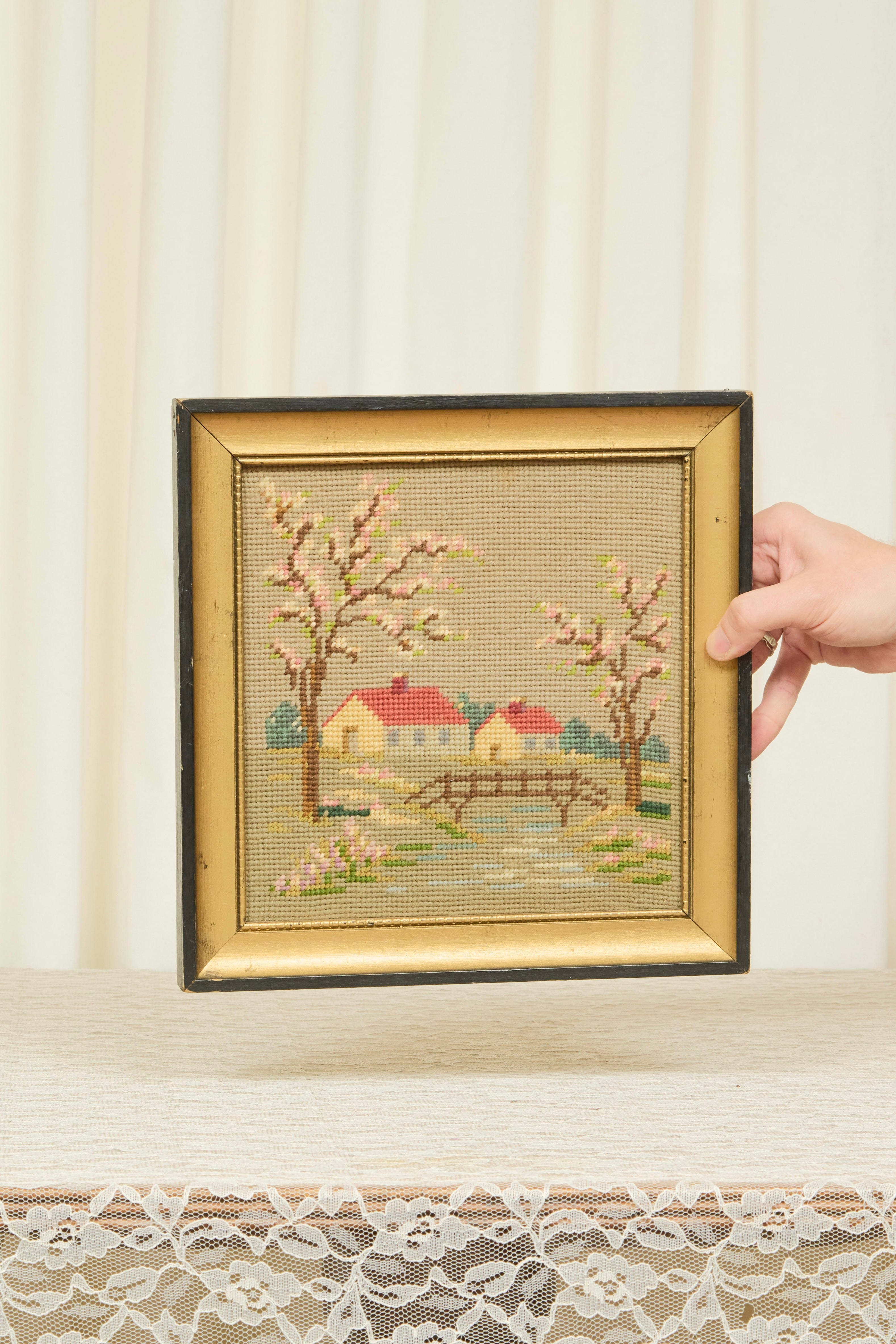 Vintage Cottage Framed Needlepoint