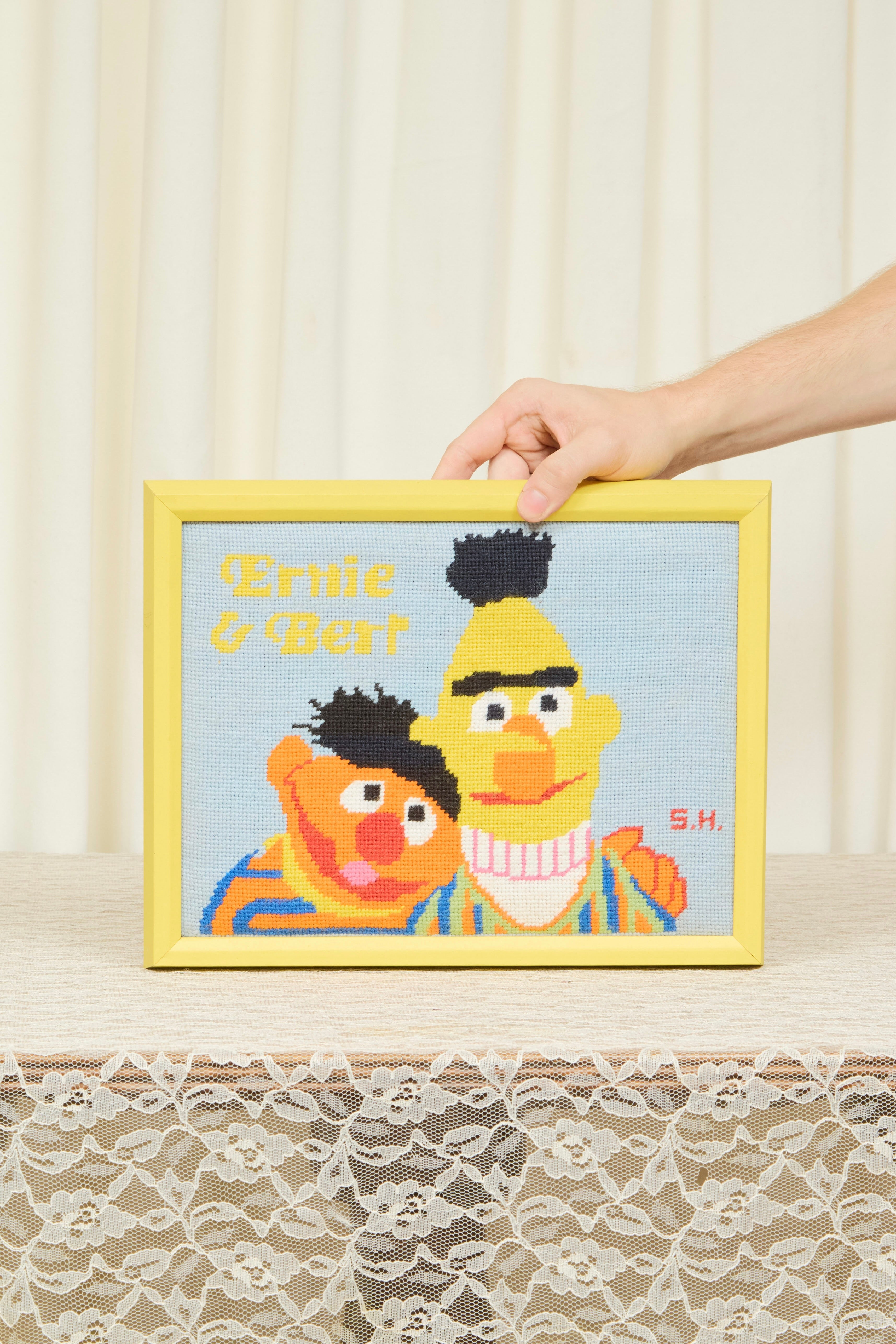 Vintage Ernie & Bert Framed Needlepoint