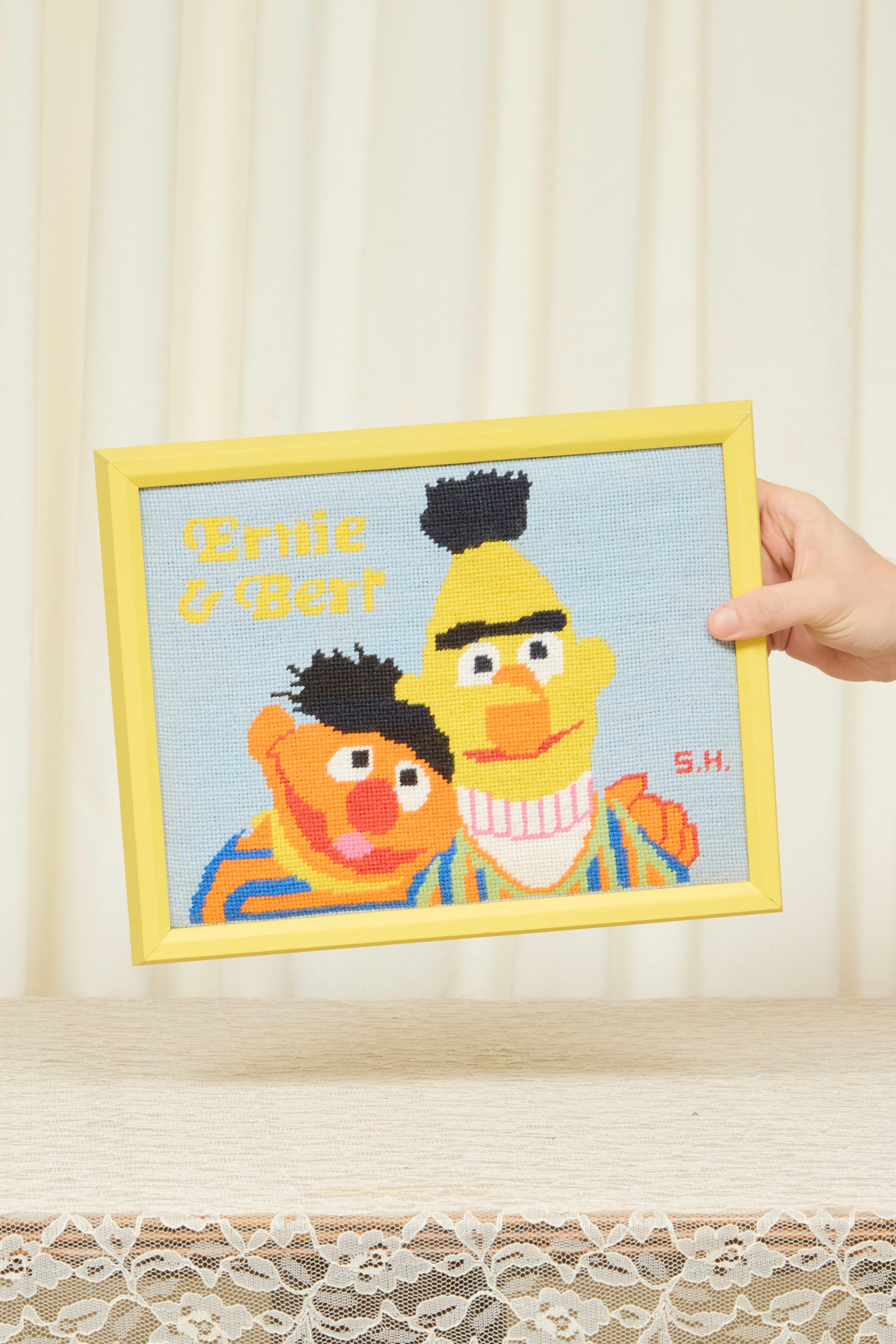 Vintage Ernie & Bert Framed Needlepoint