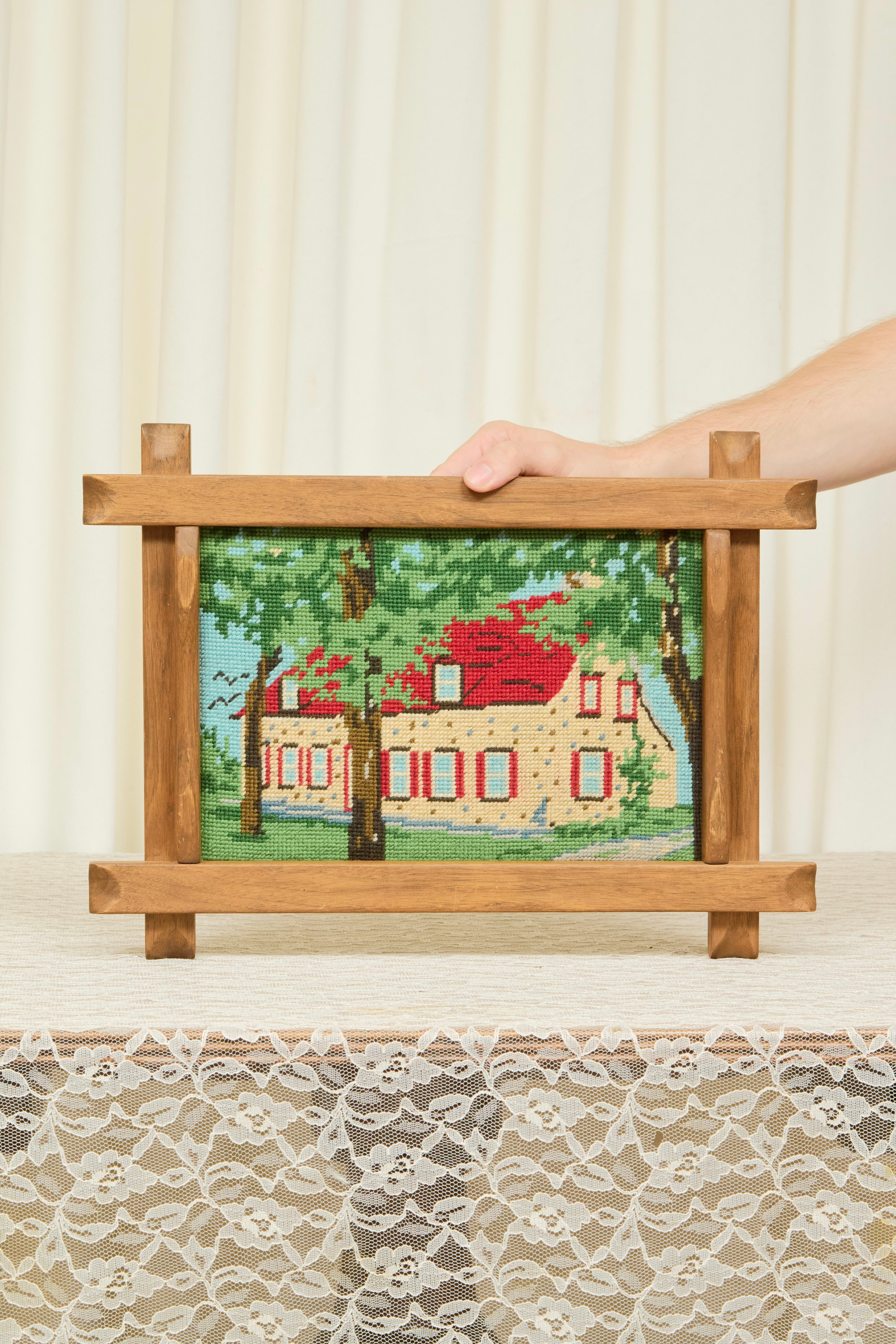 Vintage Framed House Needlepoint