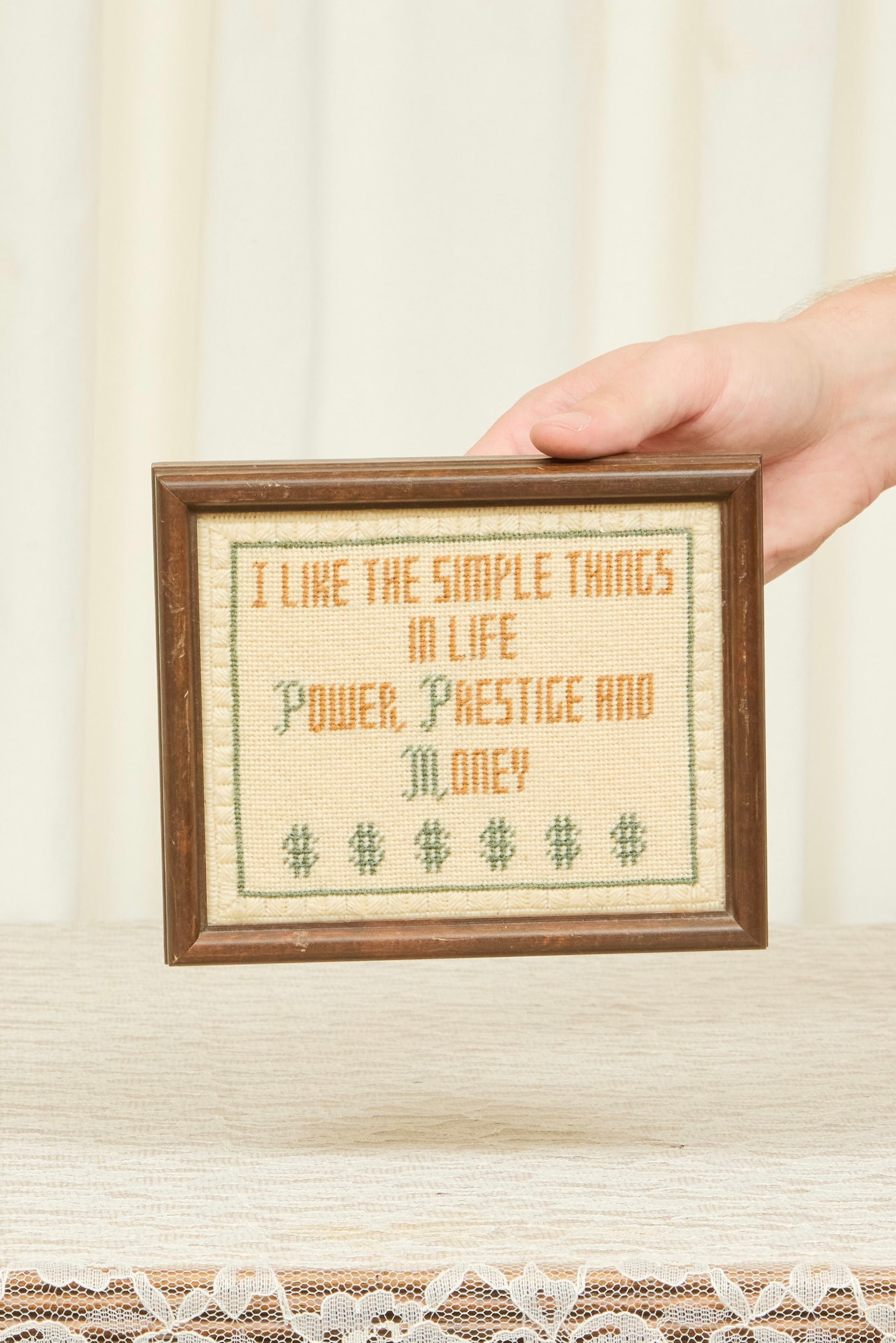 Vintage "Power, Prestige, & Money Needlepoint