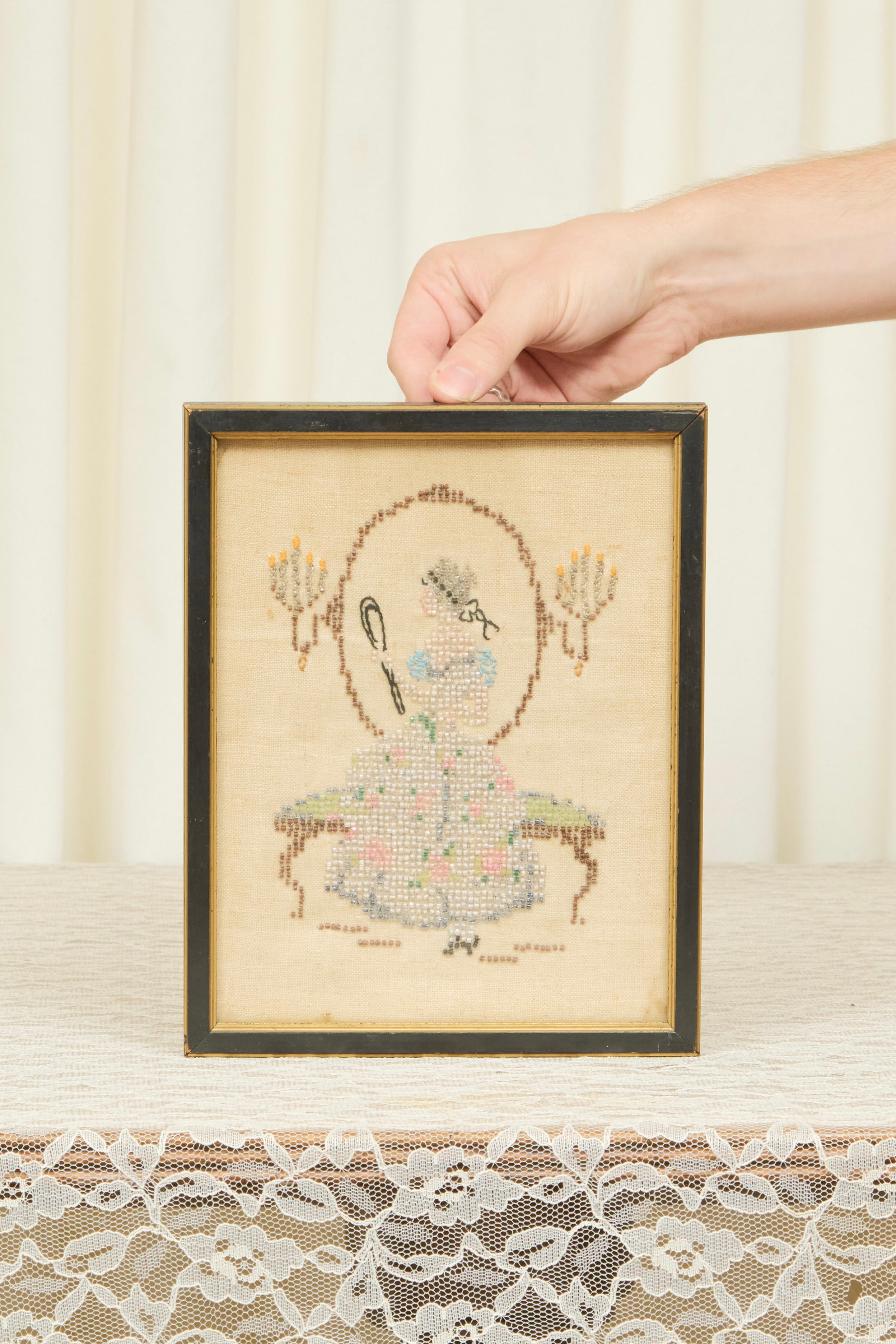 Antique Framed Beaded Woman