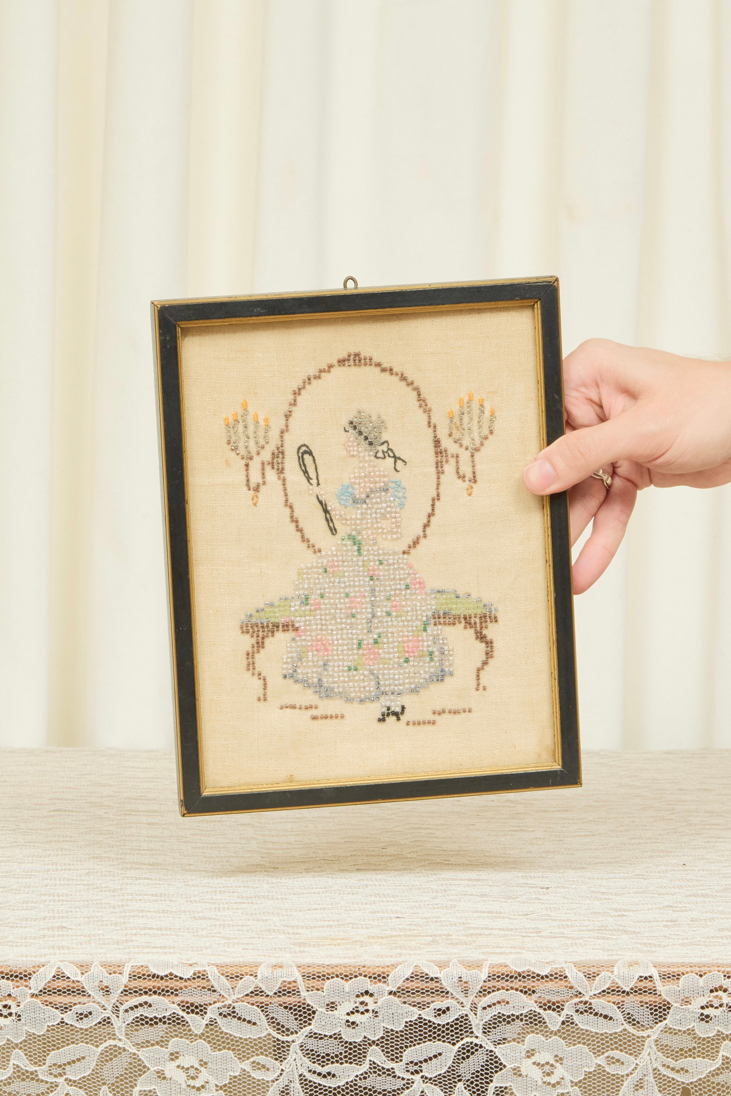 Antique Framed Beaded Woman