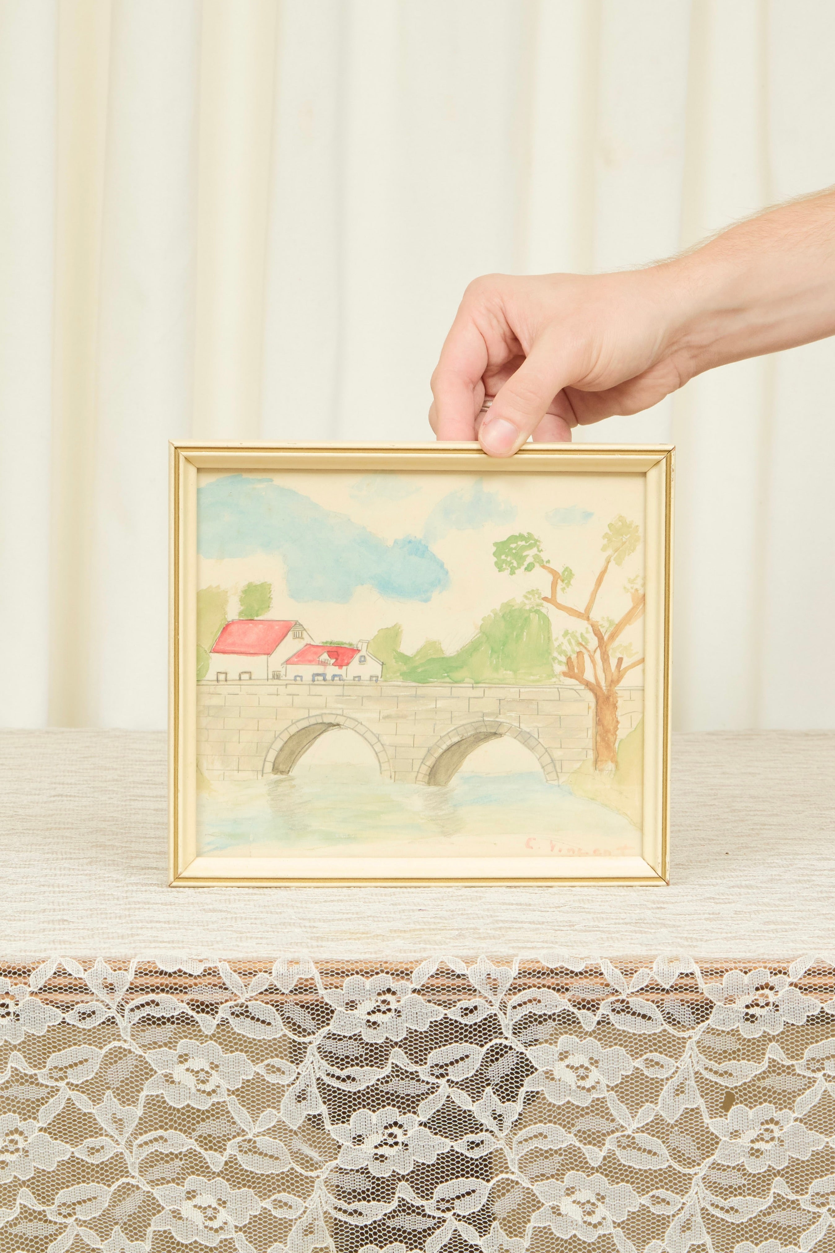 Vintage Watercolor Bridge Painting