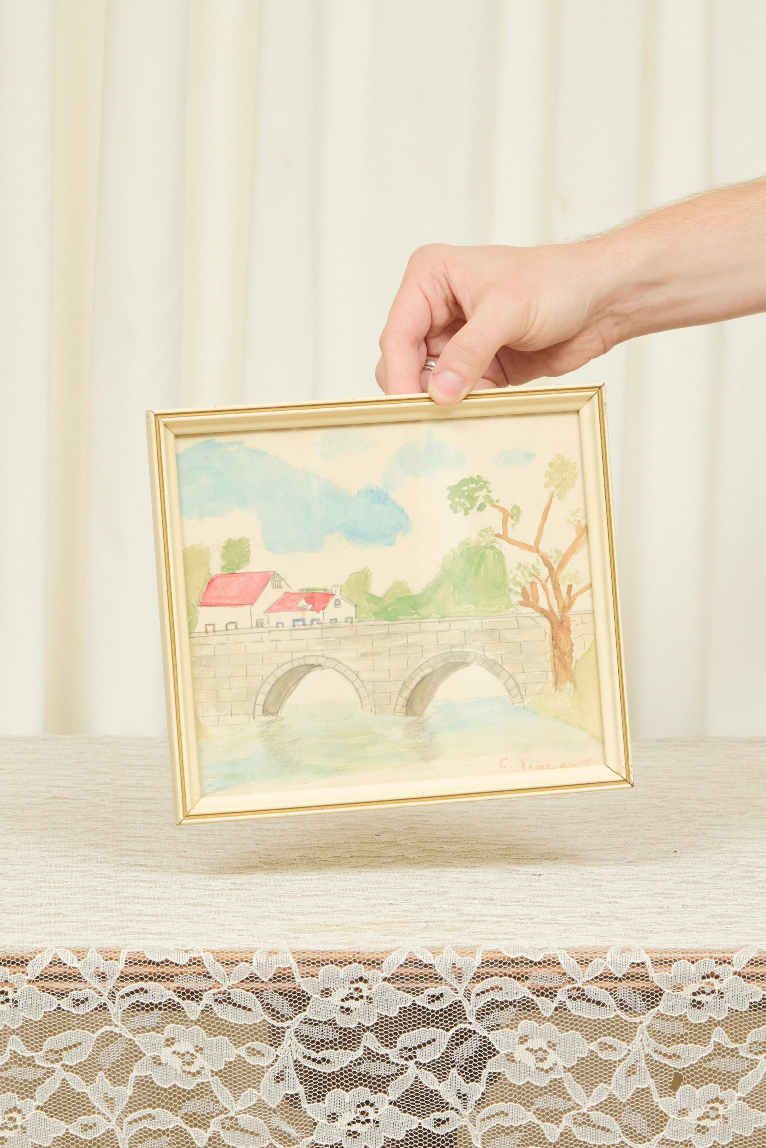 Vintage Watercolor Bridge Painting