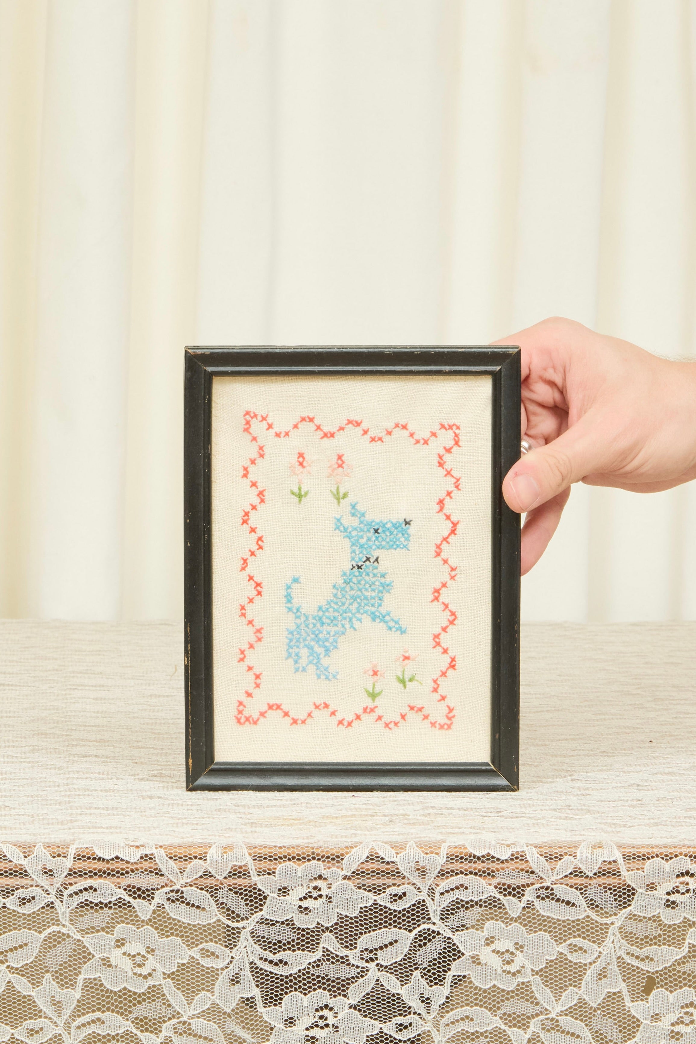 Vintage Framed Cross Stitch Dog