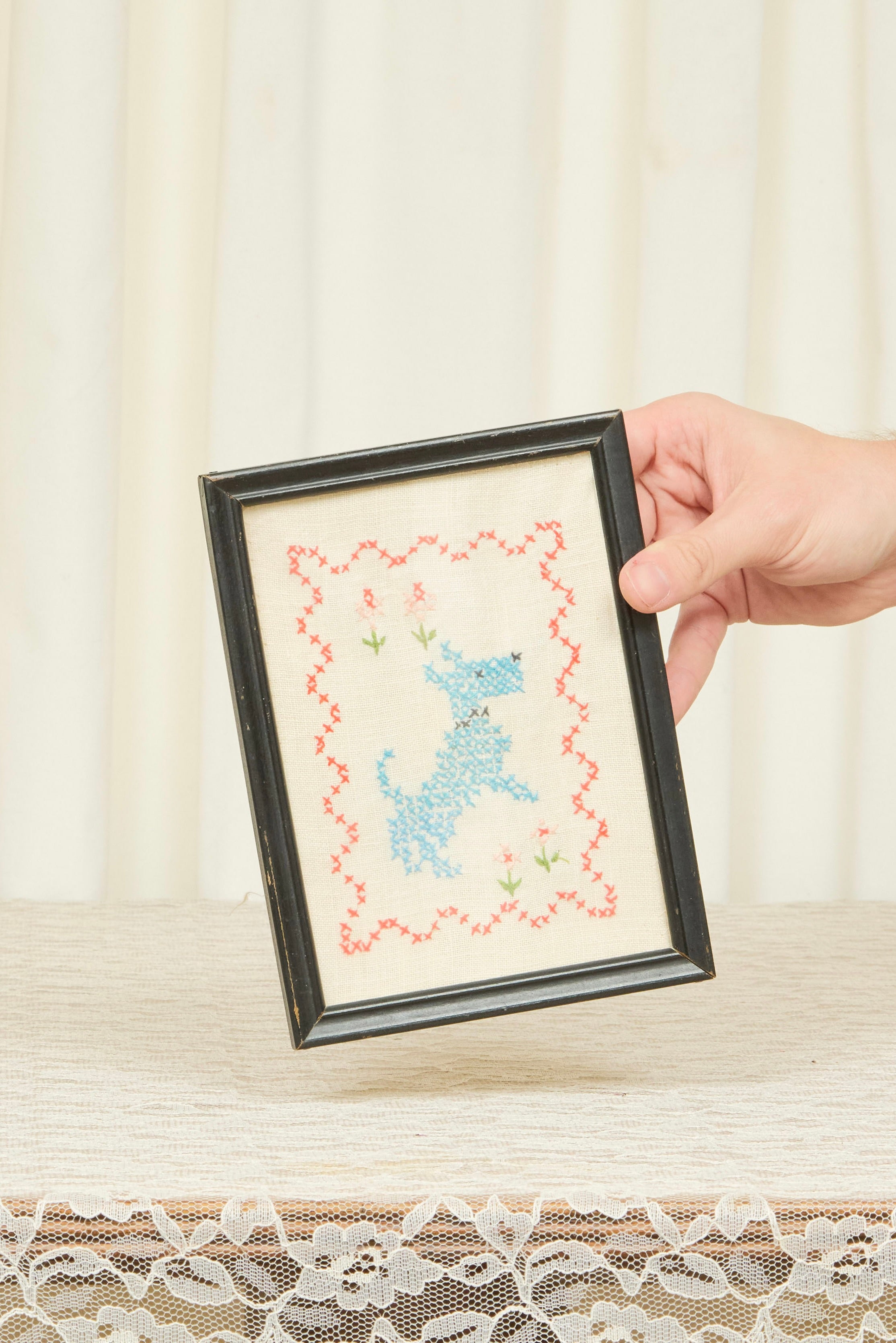 Vintage Framed Cross Stitch Dog