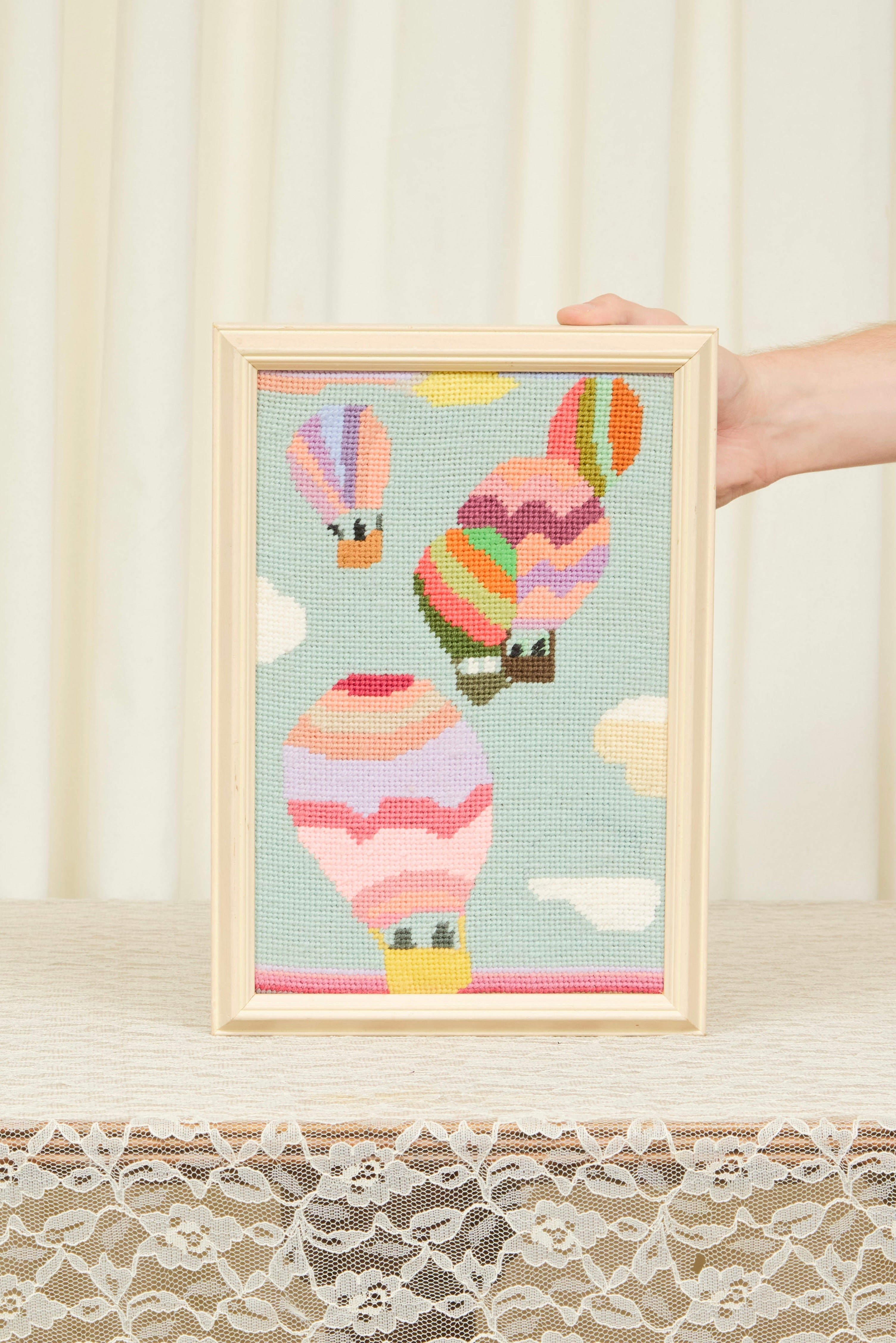 Vintage Hot Air Balloon Framed Needlpoint