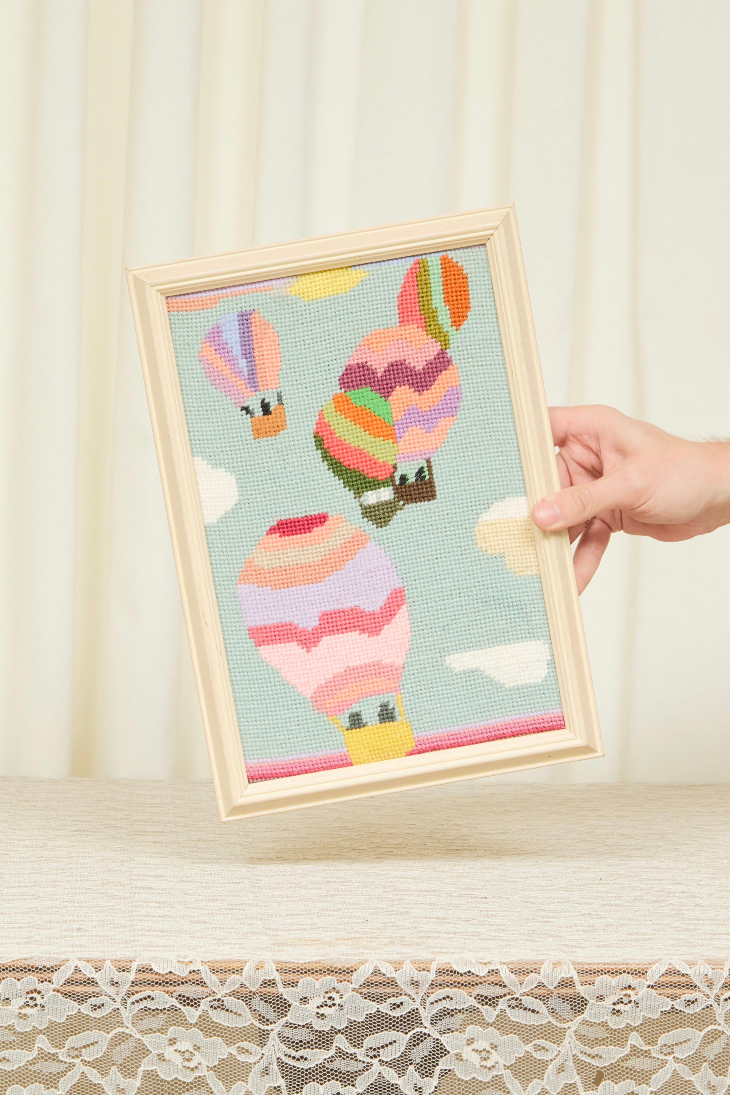 Vintage Hot Air Balloon Framed Needlpoint