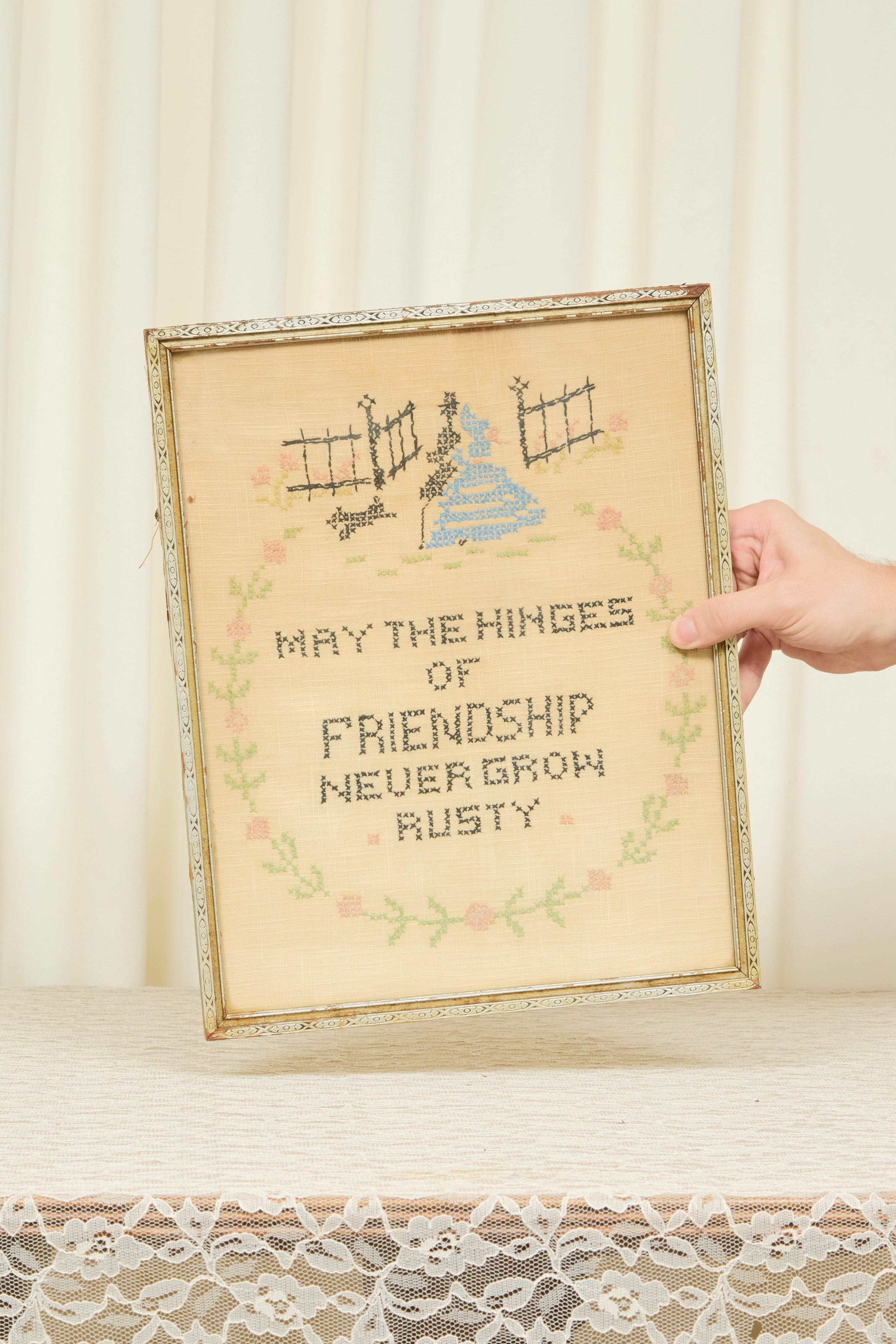Vintage "Hinges of Friendship" Framed Cross Stitch