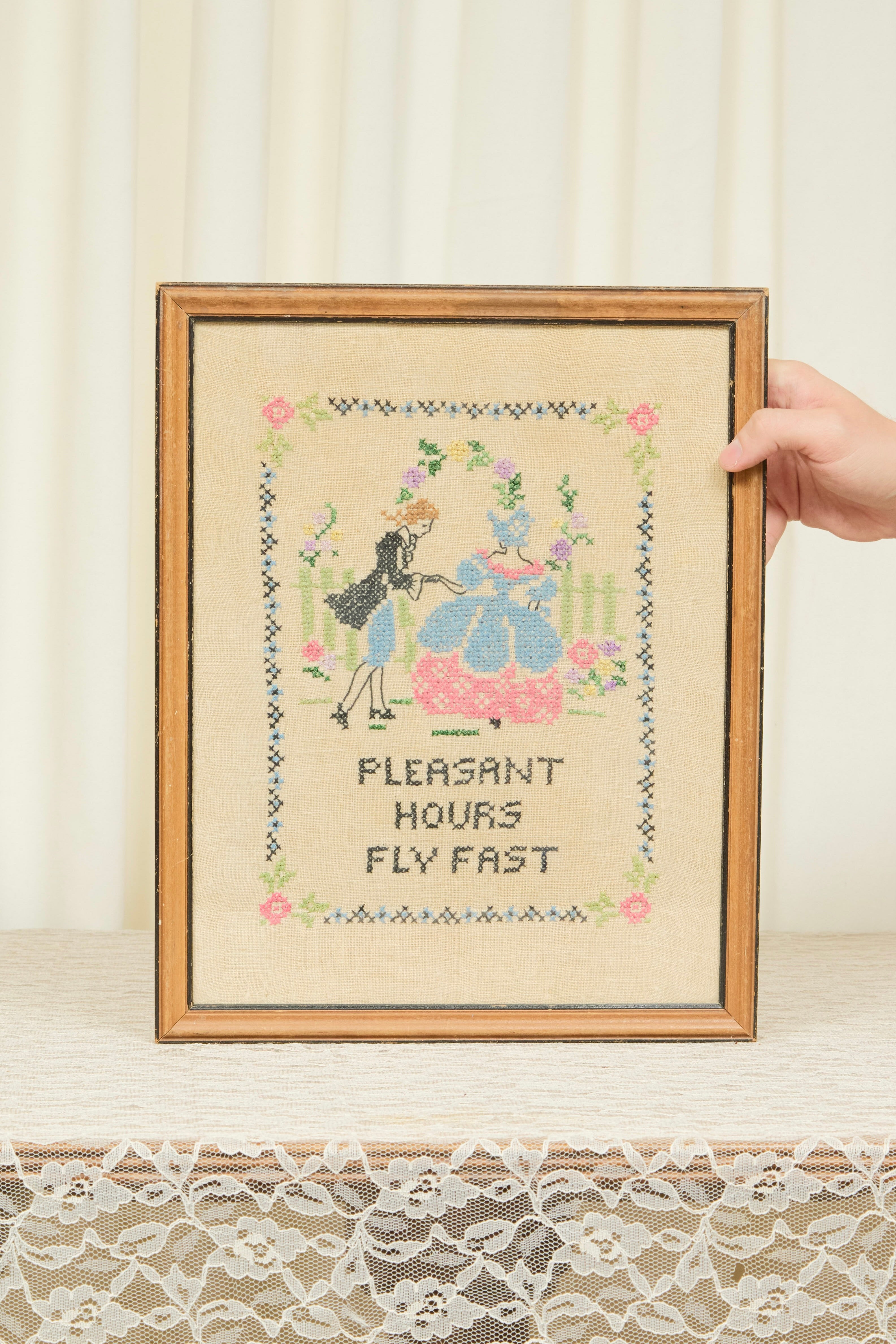 Vintage "Pleasant Hours Fly Fast" Framed Cross Stitch