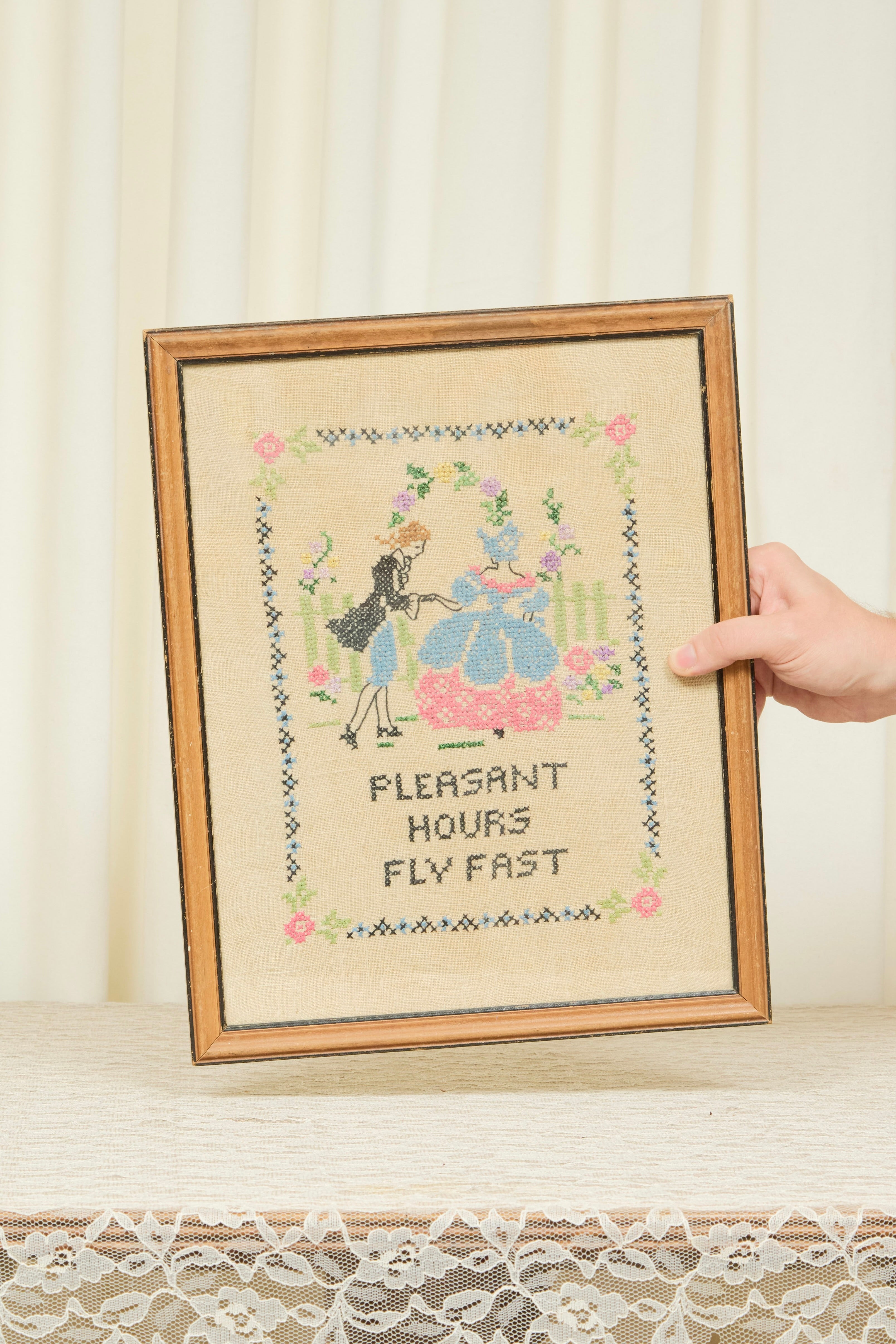 Vintage "Pleasant Hours Fly Fast" Framed Cross Stitch