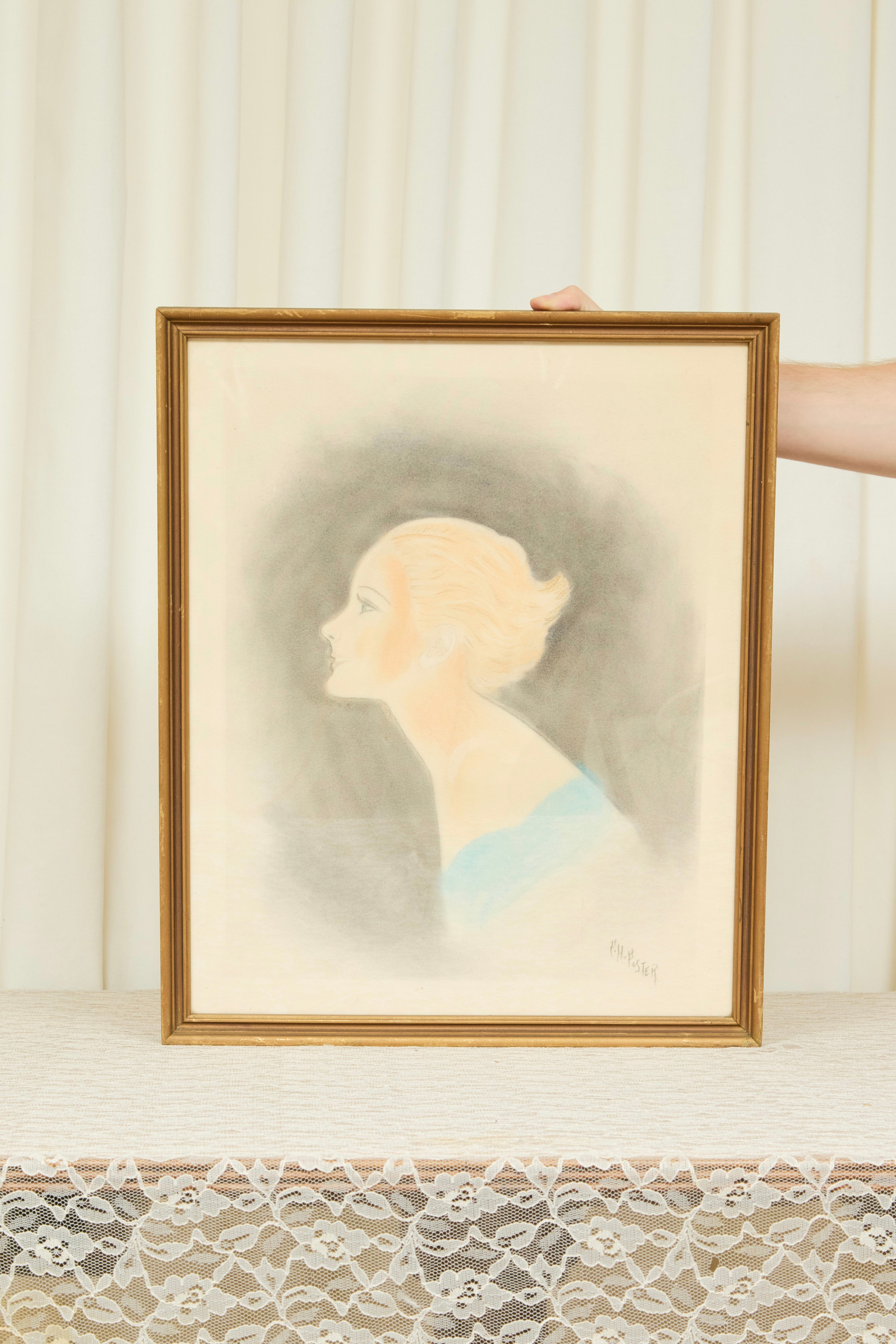 Antique Framed Woman Chalk Portrait (1920s)