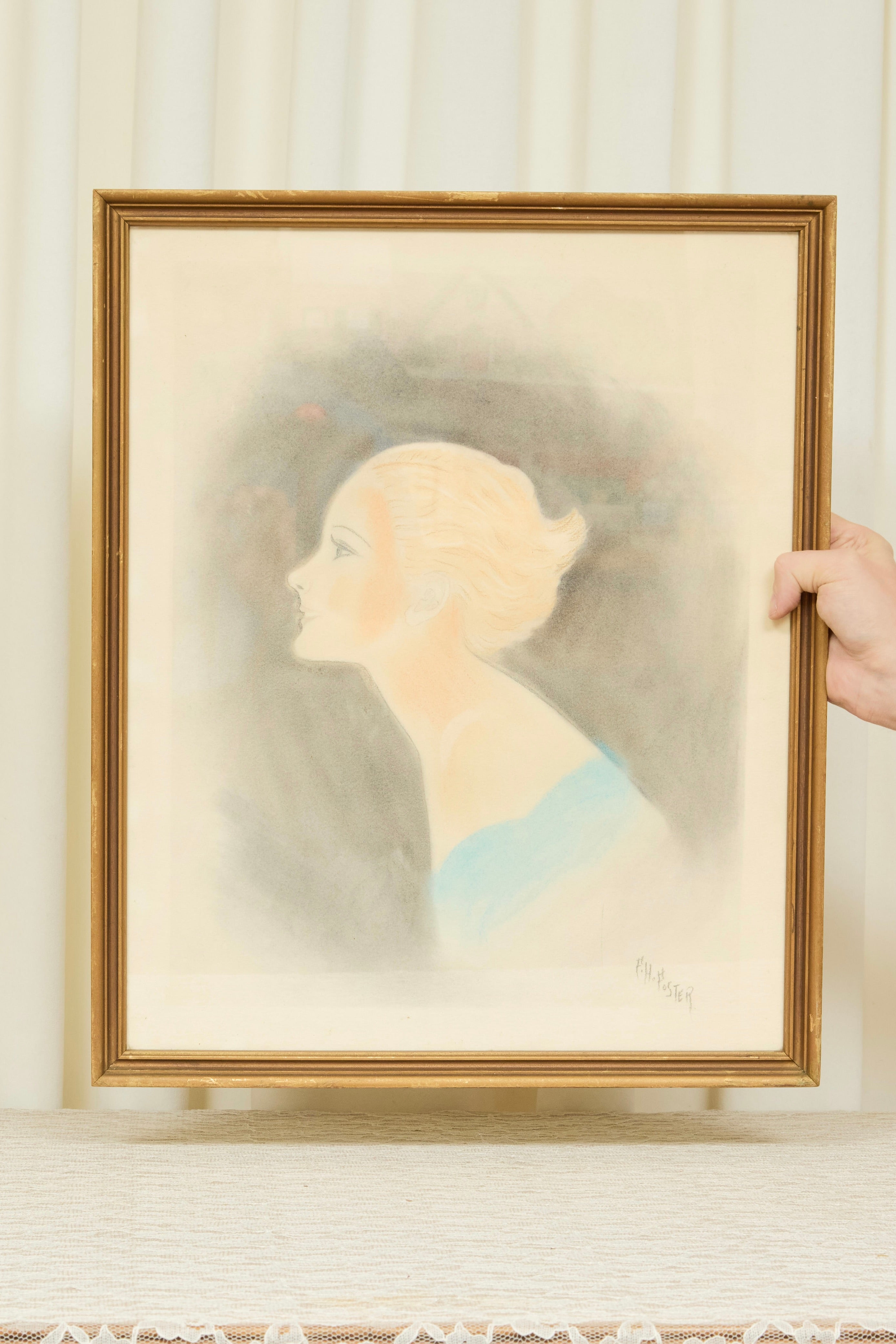 Antique Framed Woman Chalk Portrait (1920s)