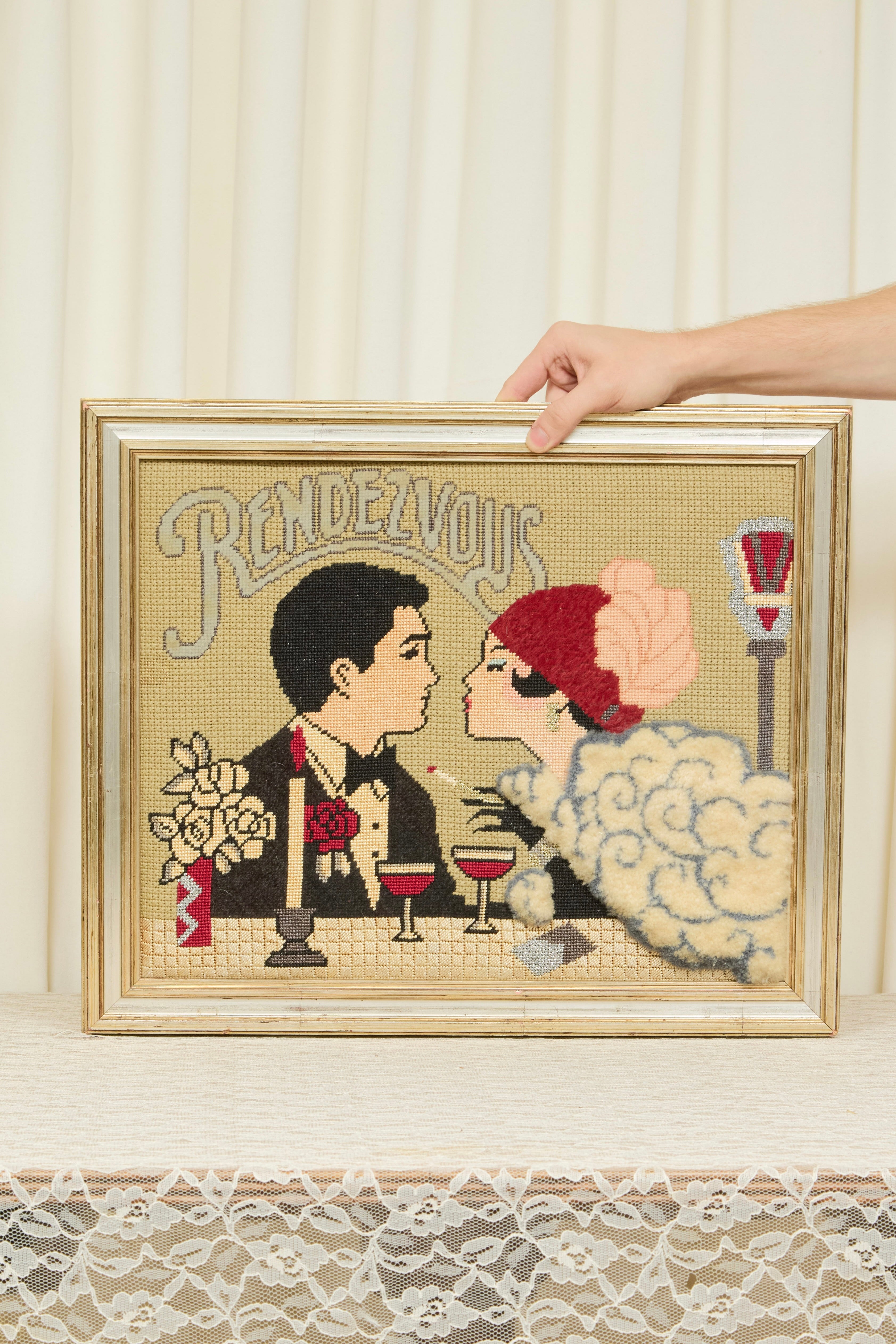 Vintage "Rendezvous" Framed Needlepoint