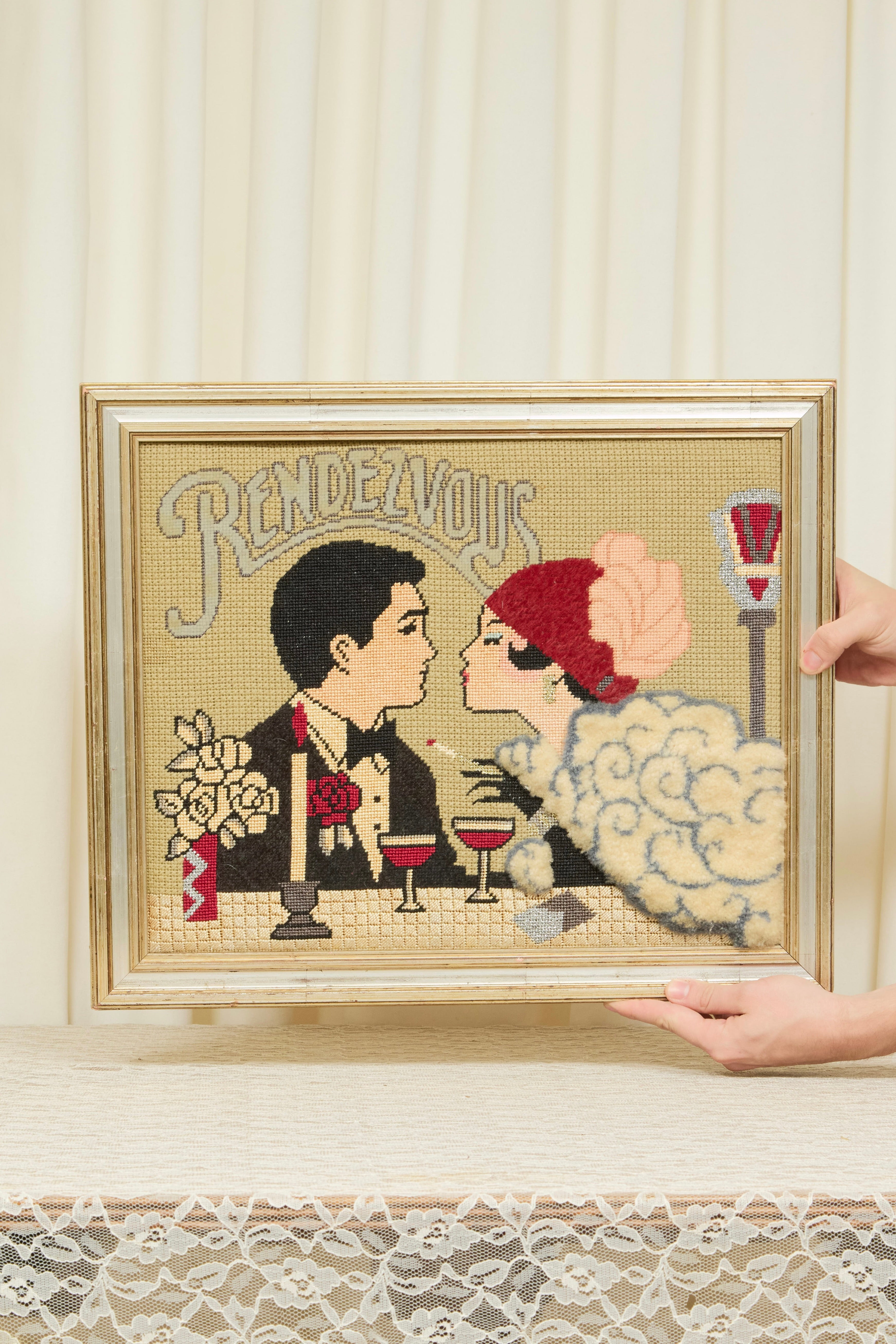 Vintage "Rendezvous" Framed Needlepoint