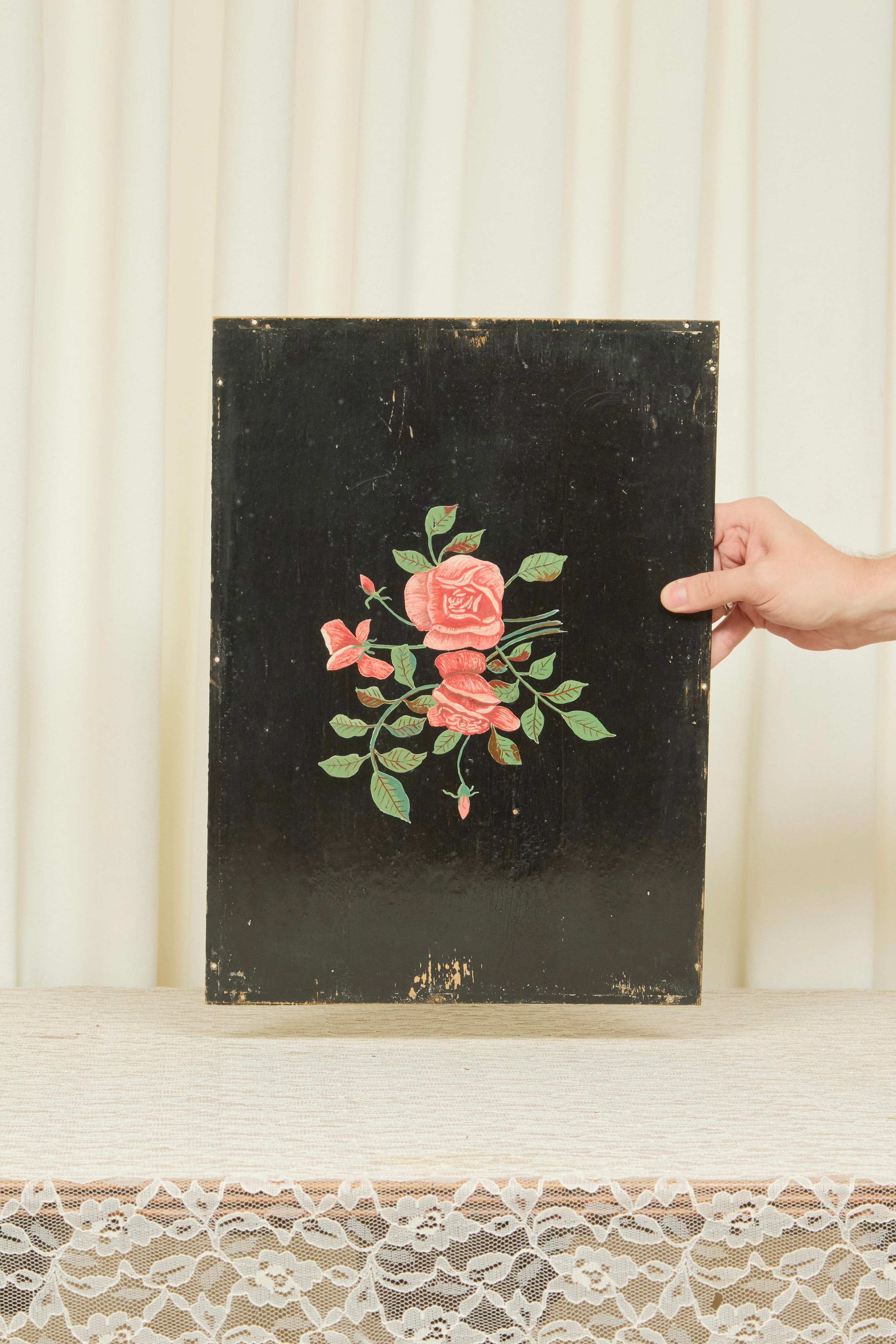 Vintage Painted Rose Board Wall Hanging