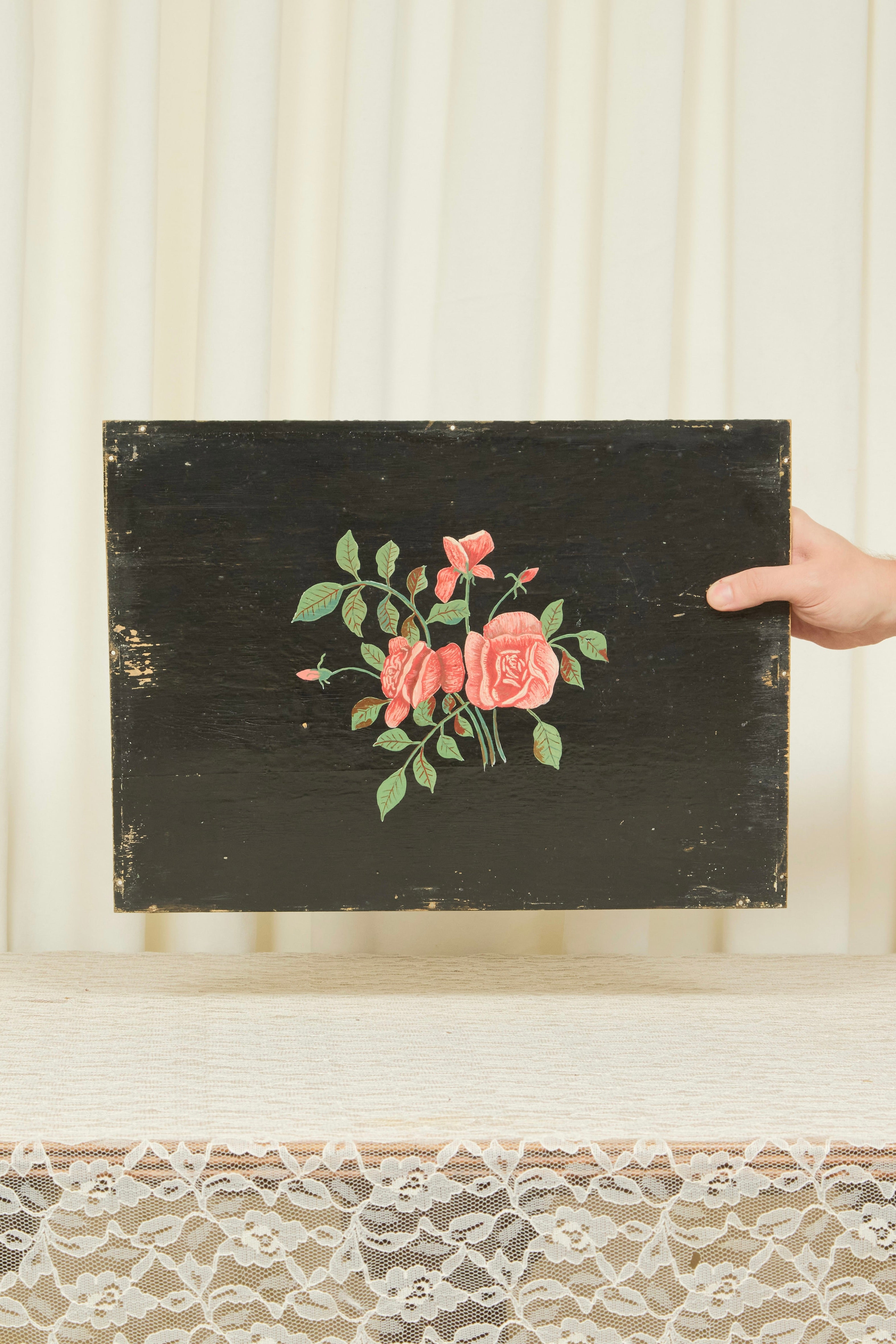 Vintage Painted Rose Board Wall Hanging