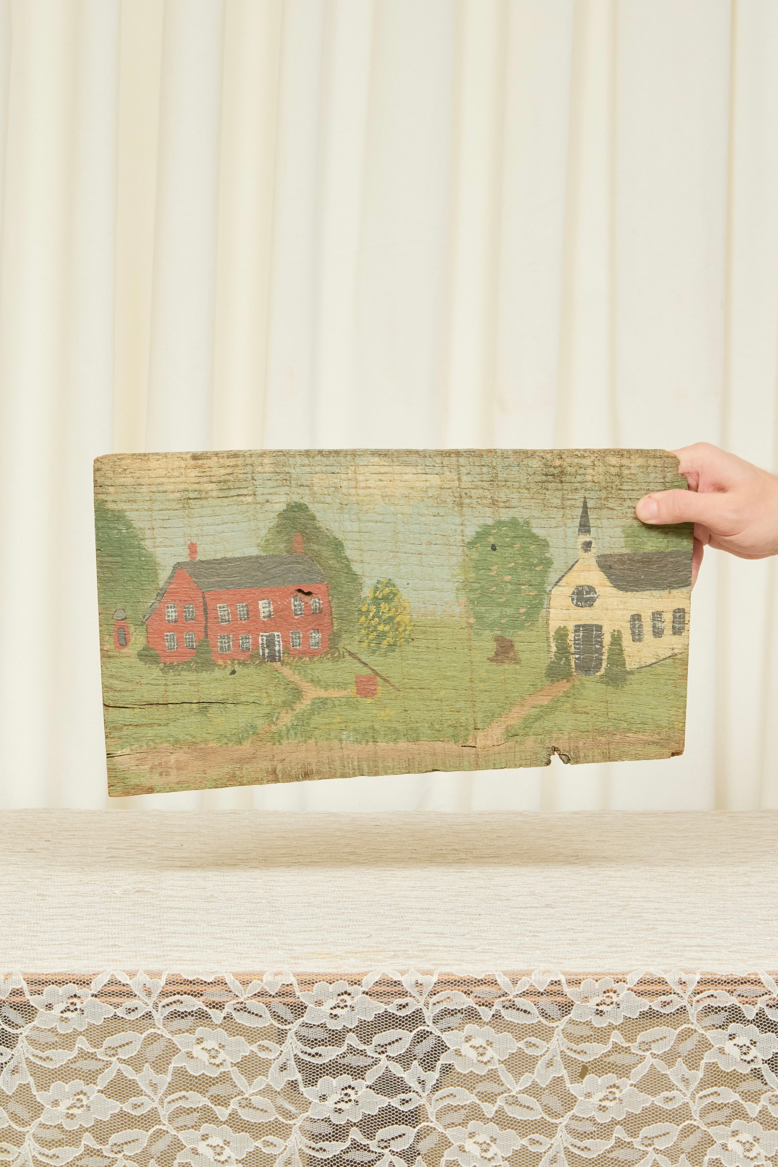 Vintage New England Scene Painted Board