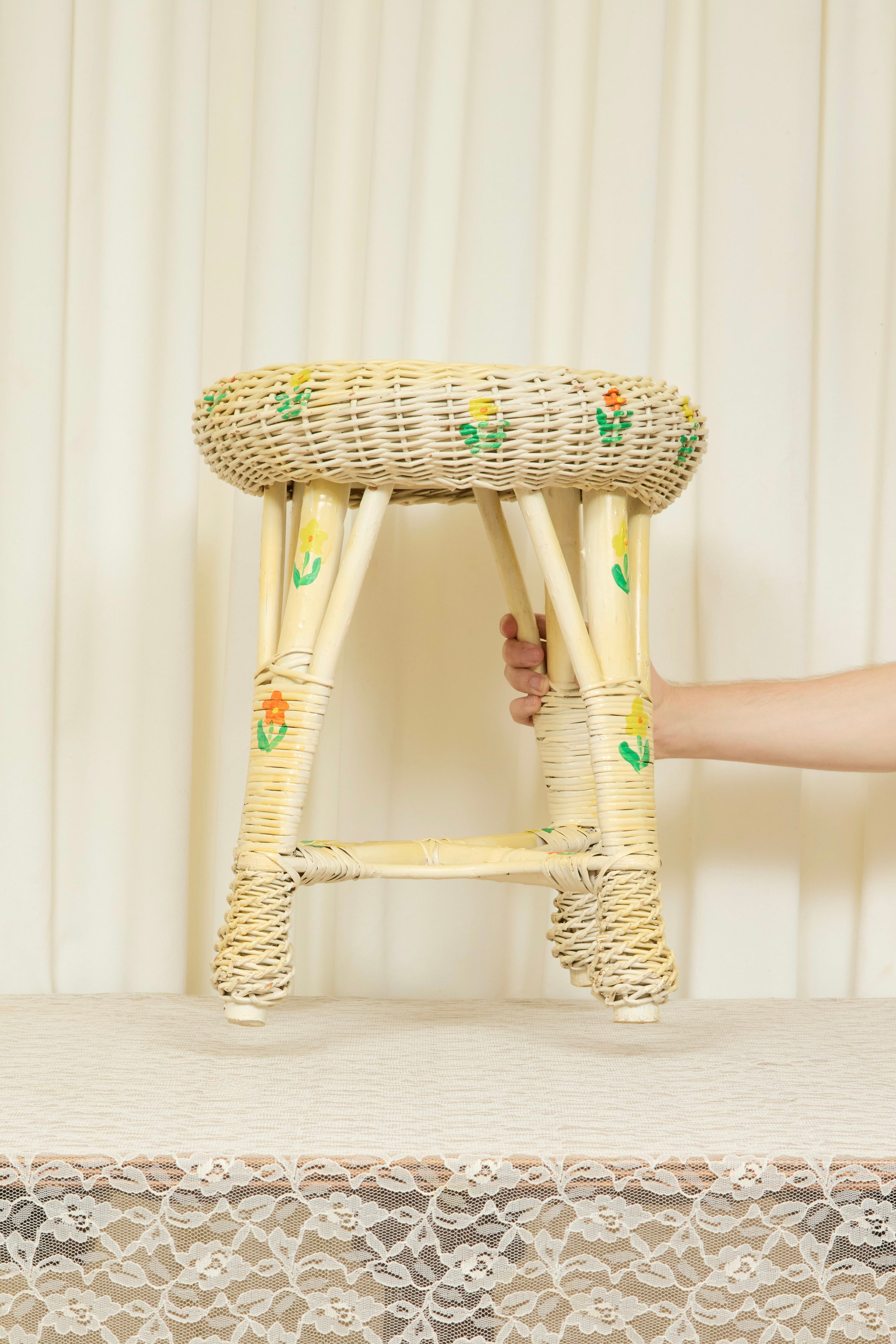 Vintage Floral Painted Wicker Stool