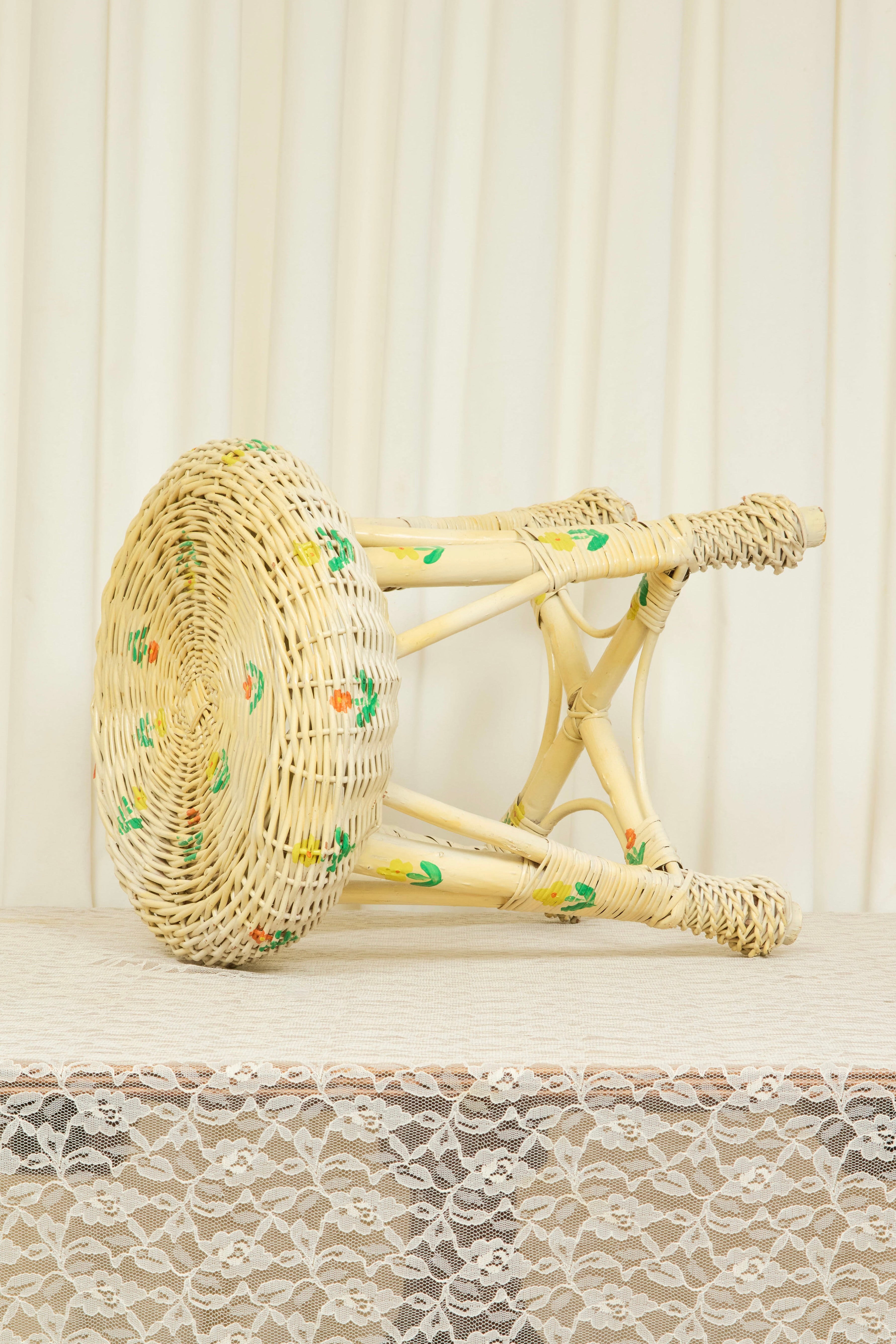 Vintage Floral Painted Wicker Stool