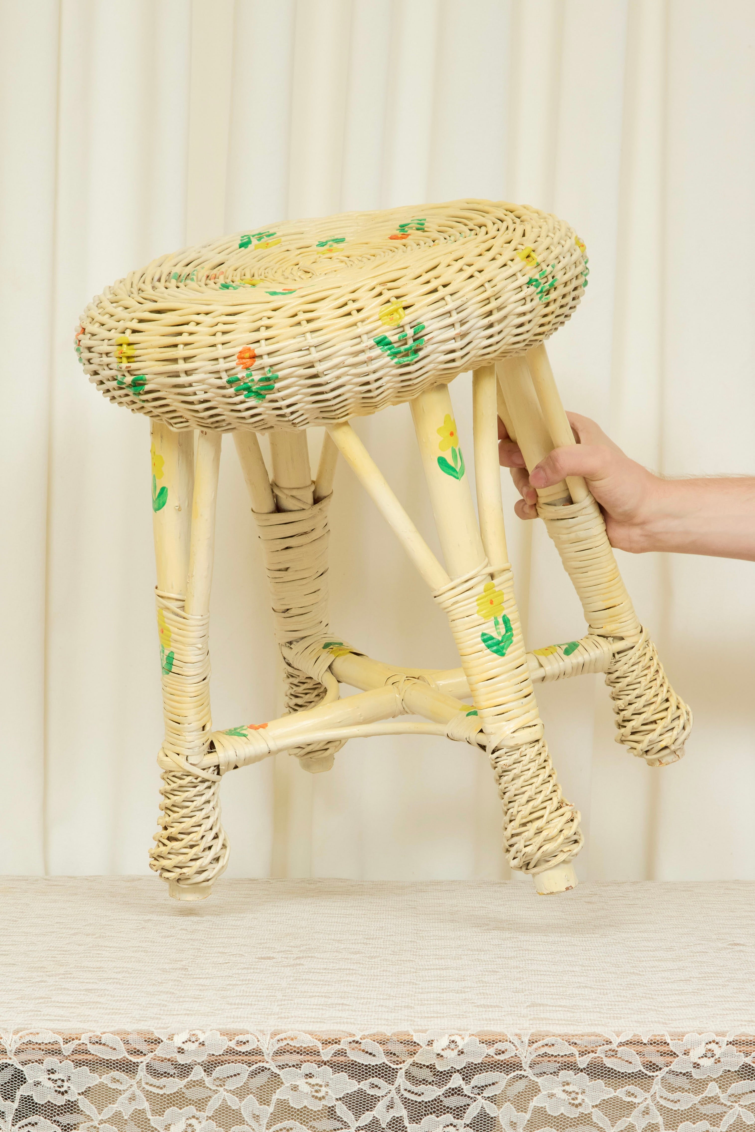 Vintage Floral Painted Wicker Stool