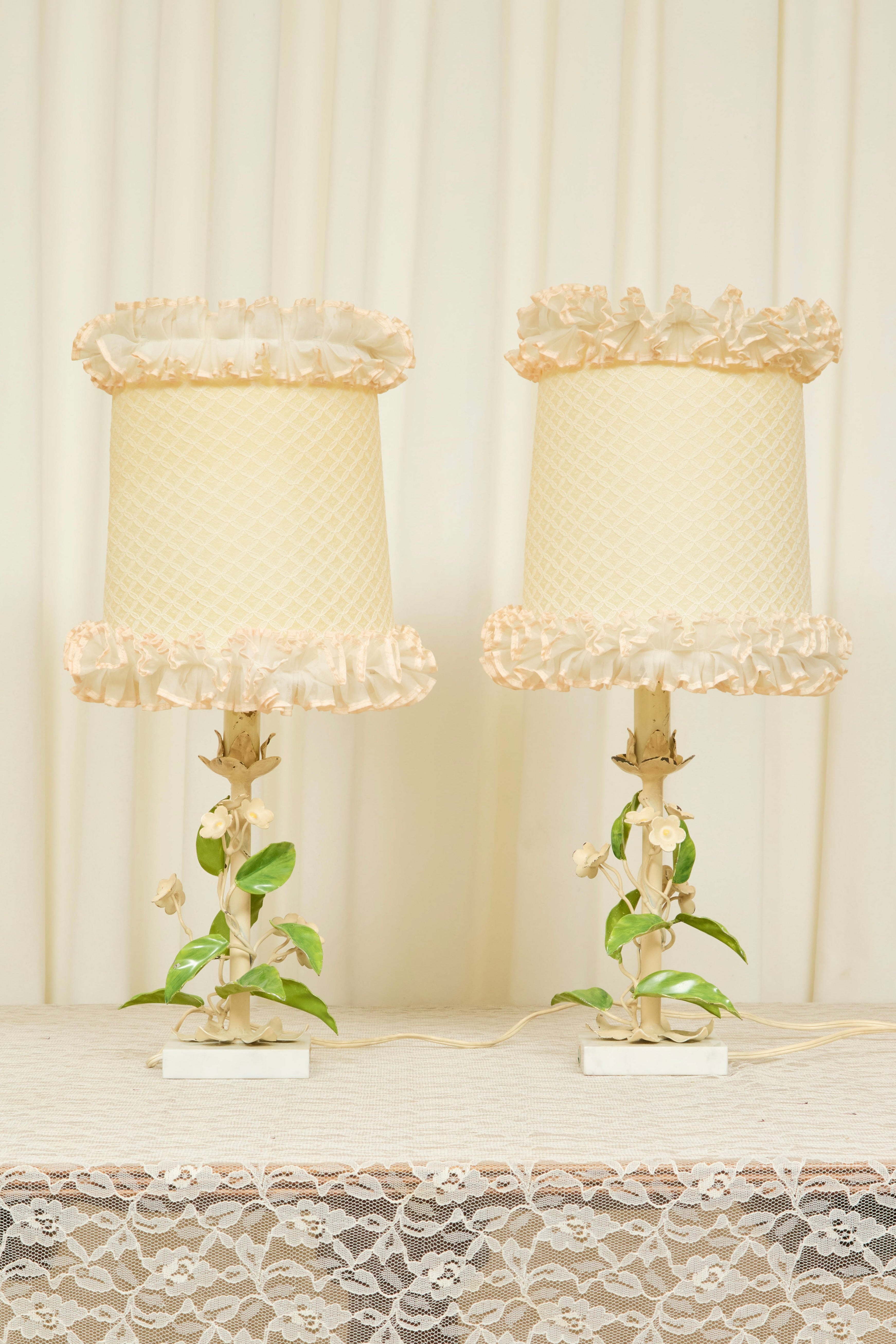 Vintage Metal Floral Lamp w/ Ruffle Shade