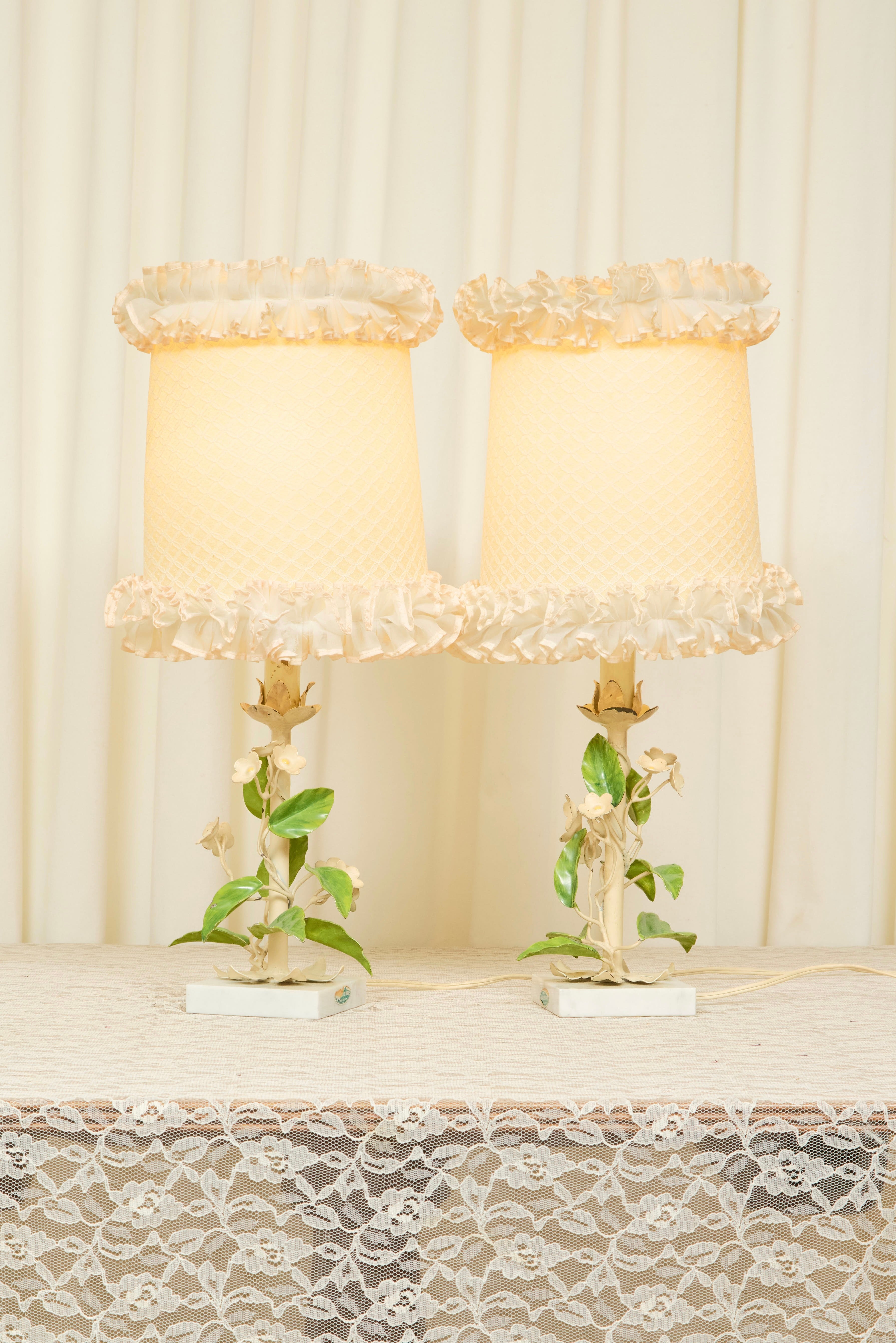 Vintage Metal Floral Lamp w/ Ruffle Shade