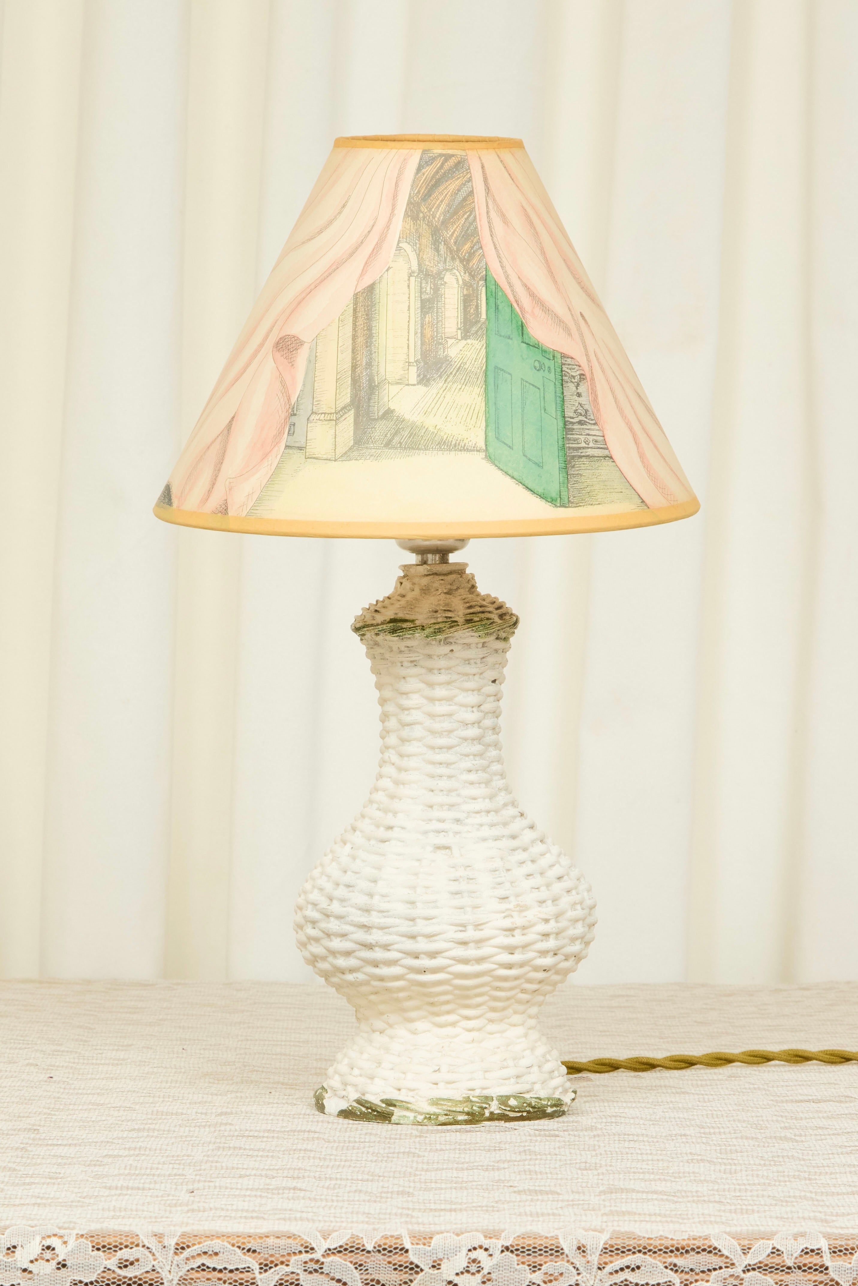Vintage Plaster Wicker Lamp w/ Hand Painted Shade