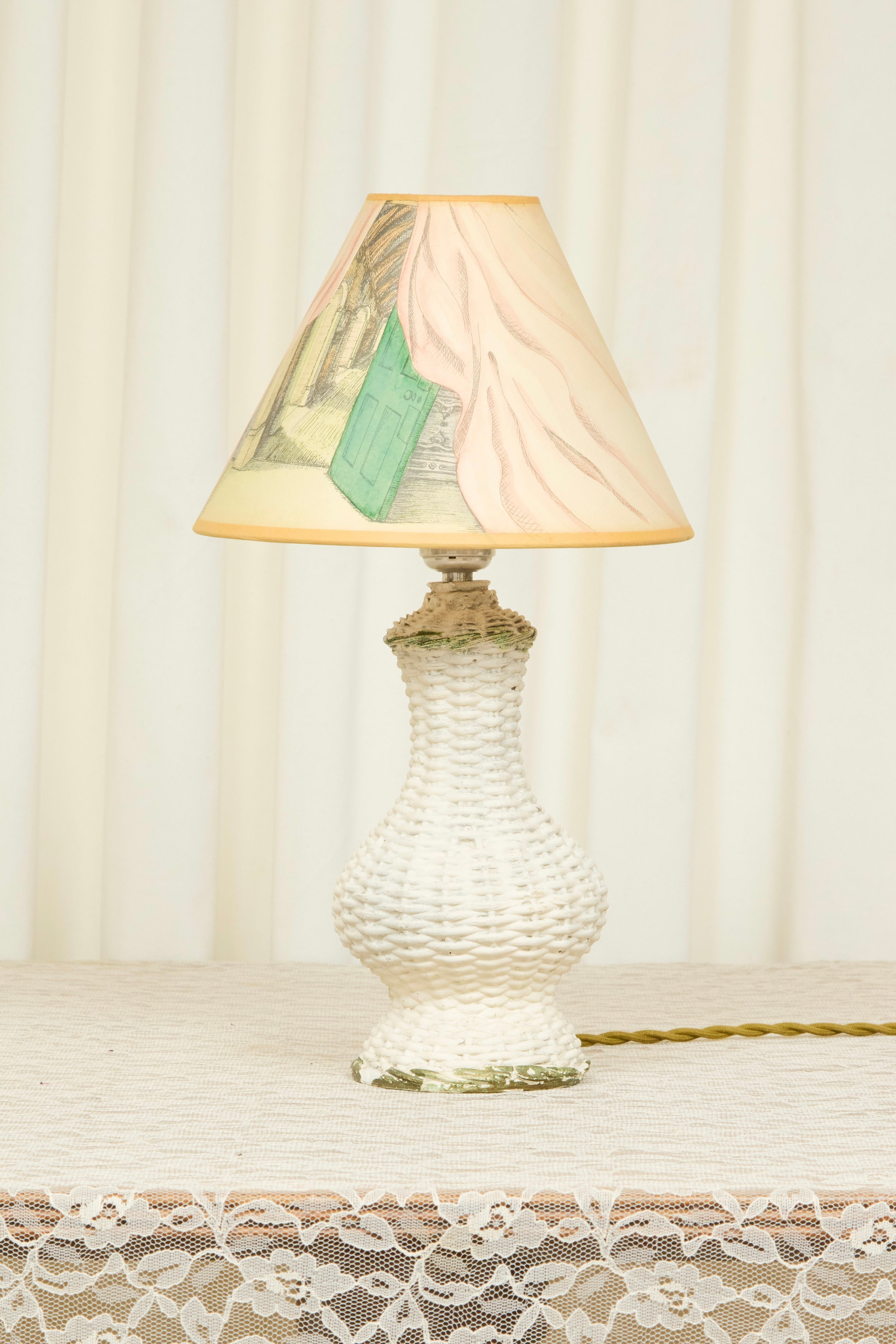Vintage Plaster Wicker Lamp w/ Hand Painted Shade