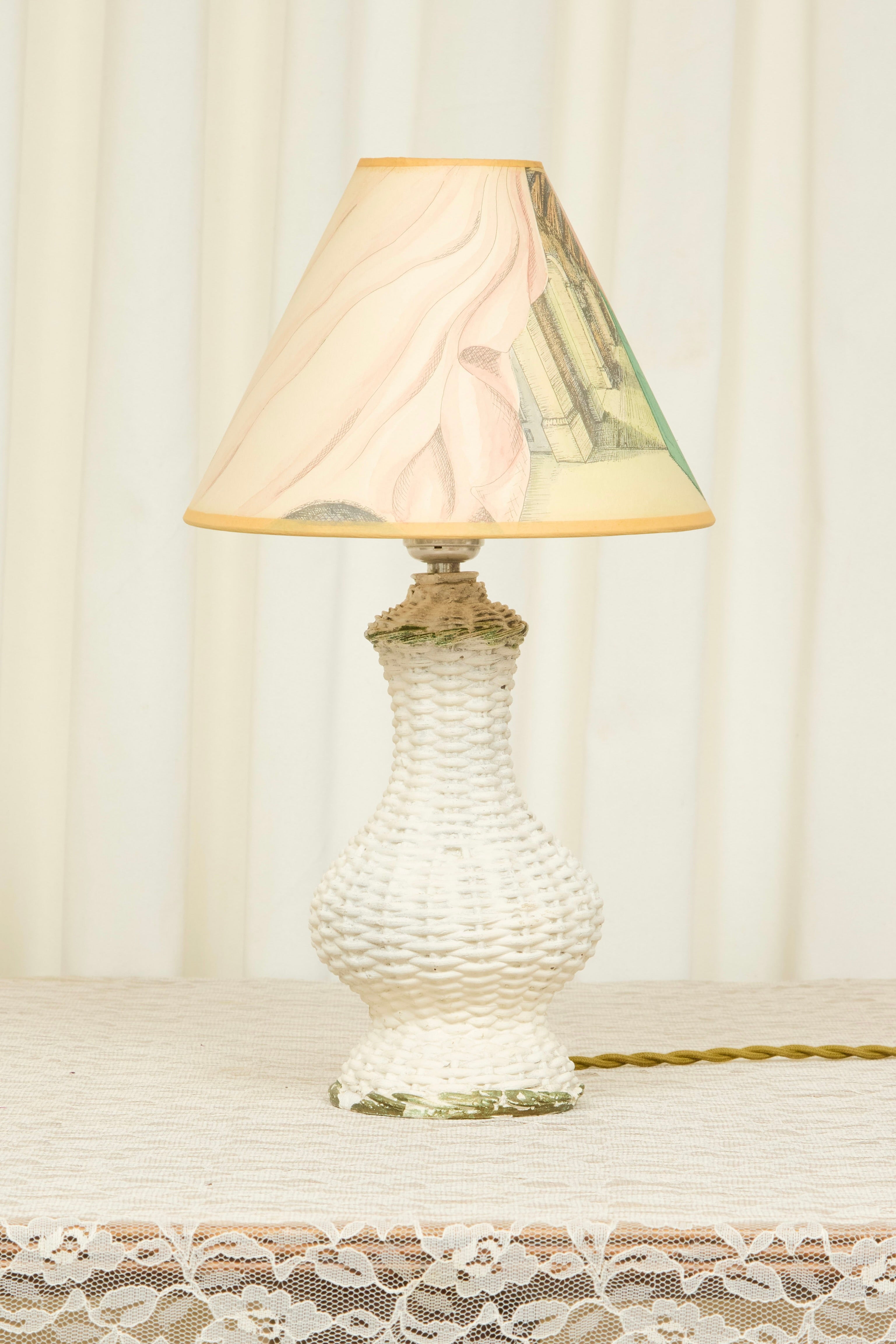 Vintage Plaster Wicker Lamp w/ Hand Painted Shade