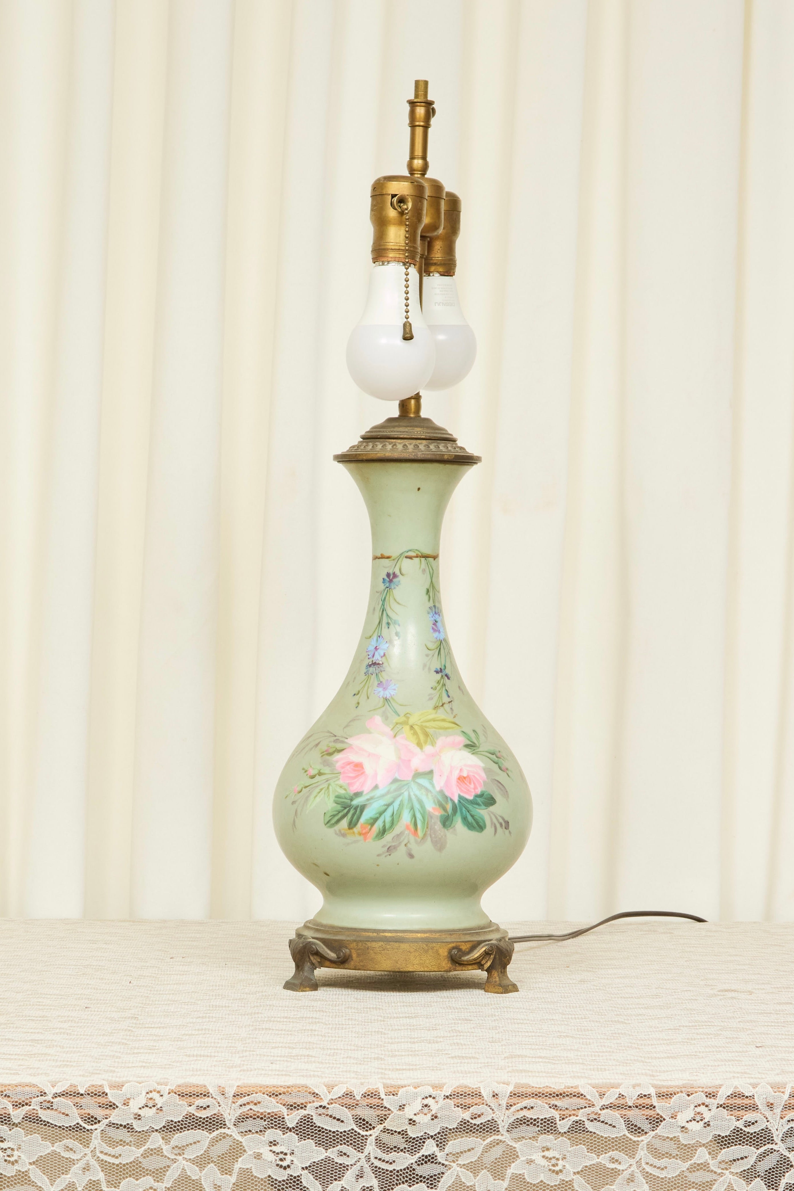 Antique Painted Floral Lamp w/ Shade