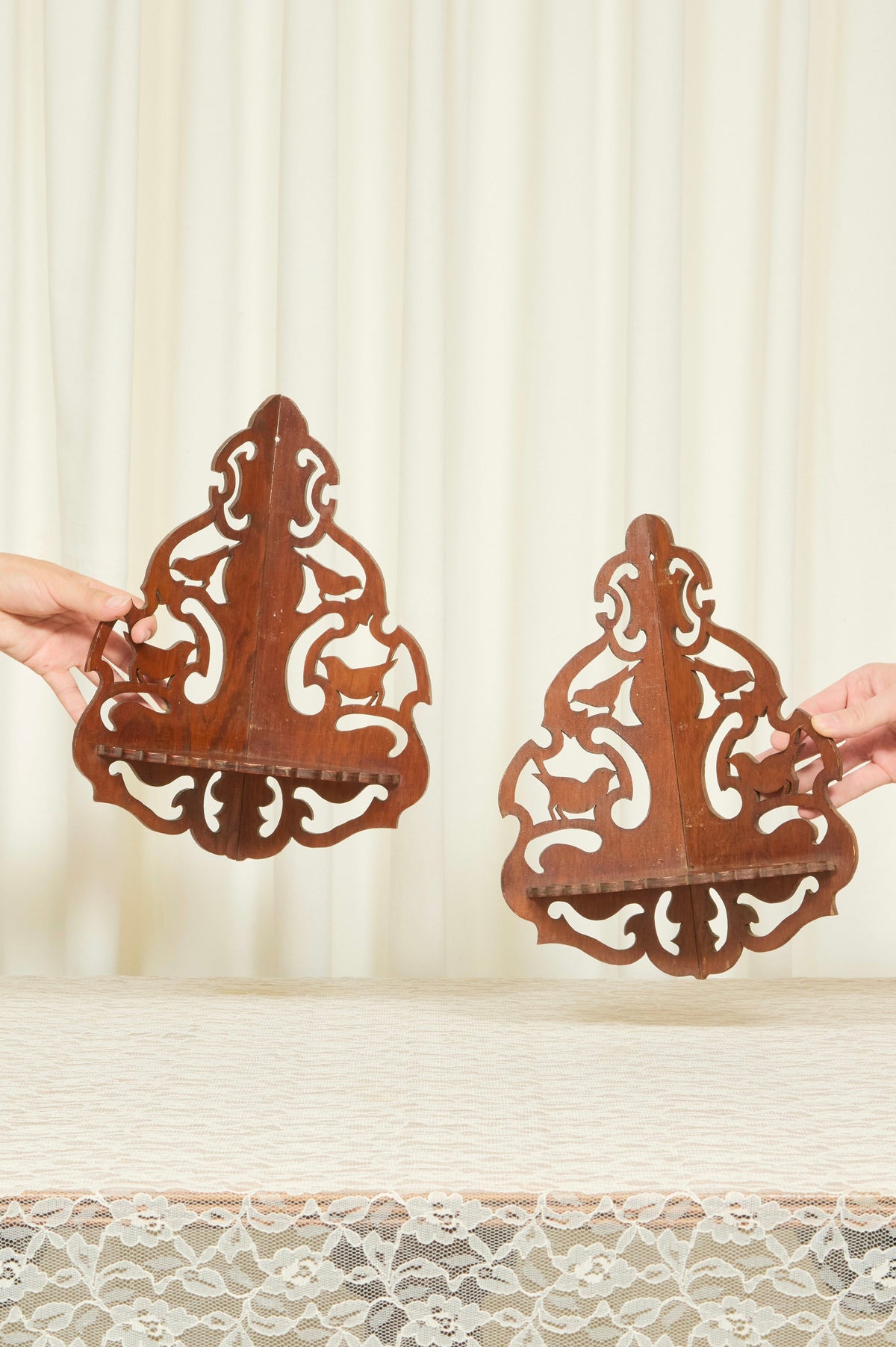 Vintage Carved Bird Wall Shelves Set/2