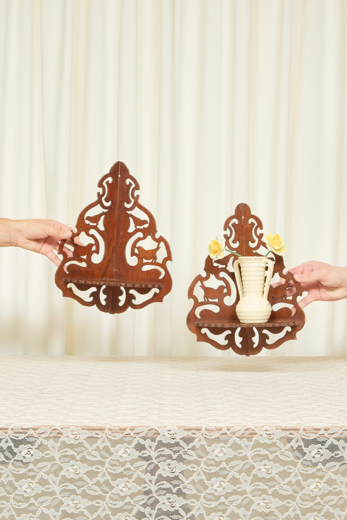 Vintage Carved Bird Wall Shelves Set/2