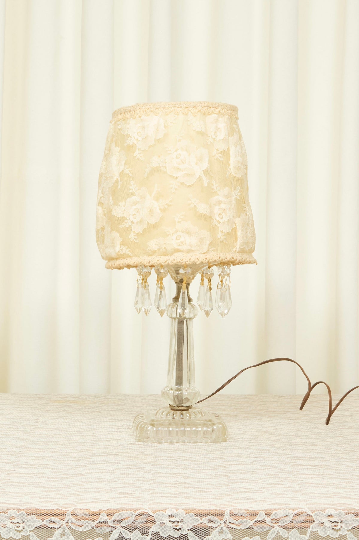 Vintage Crystal Lamp w/ Lace Shade