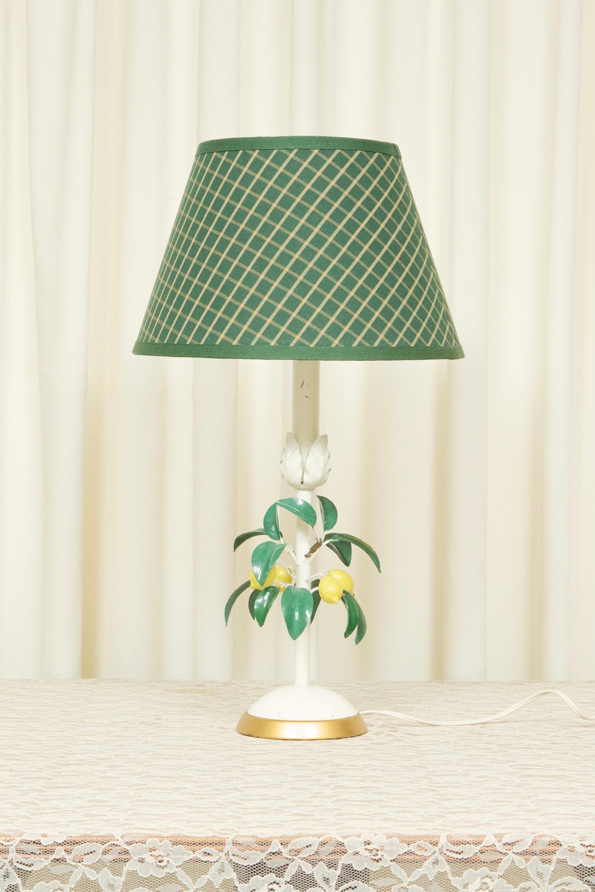 Vintage Metal Lemon Lamp w/ Plaid Shade