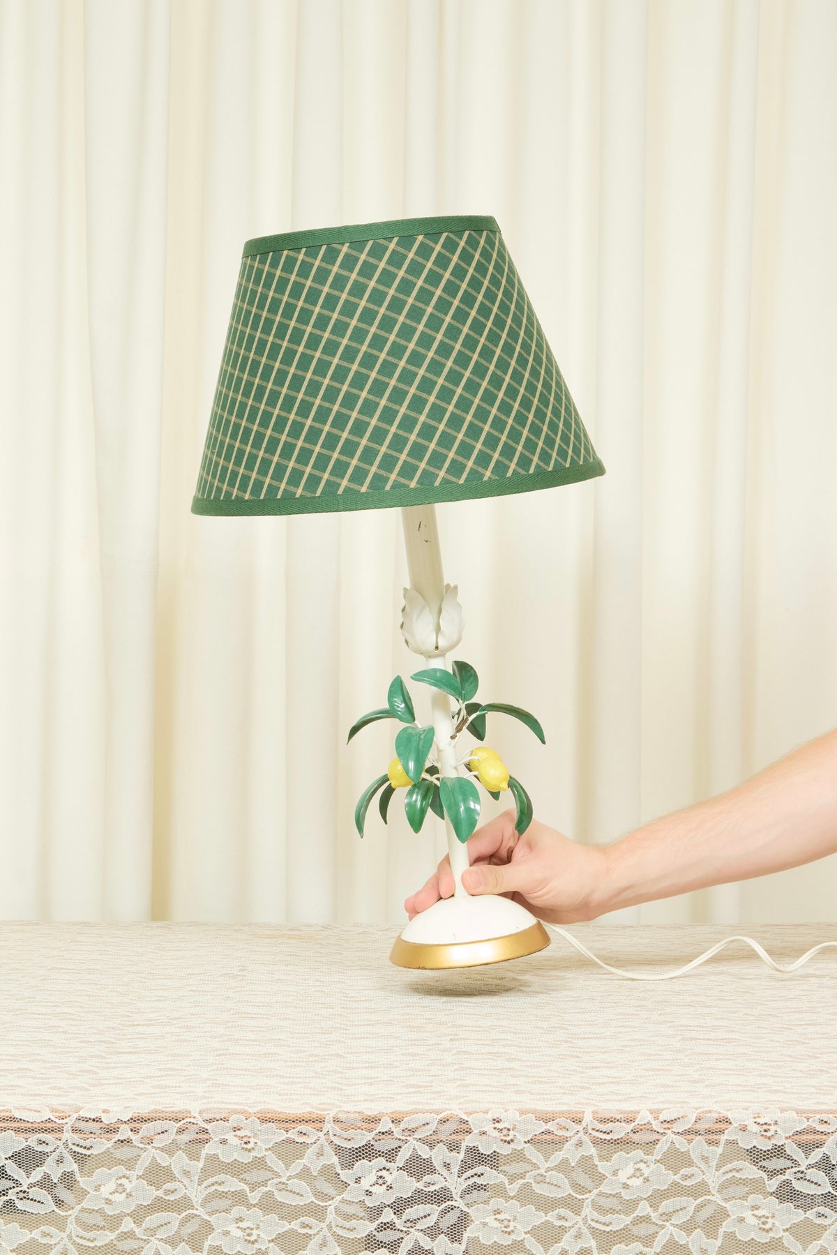 Vintage Metal Lemon Lamp w/ Plaid Shade
