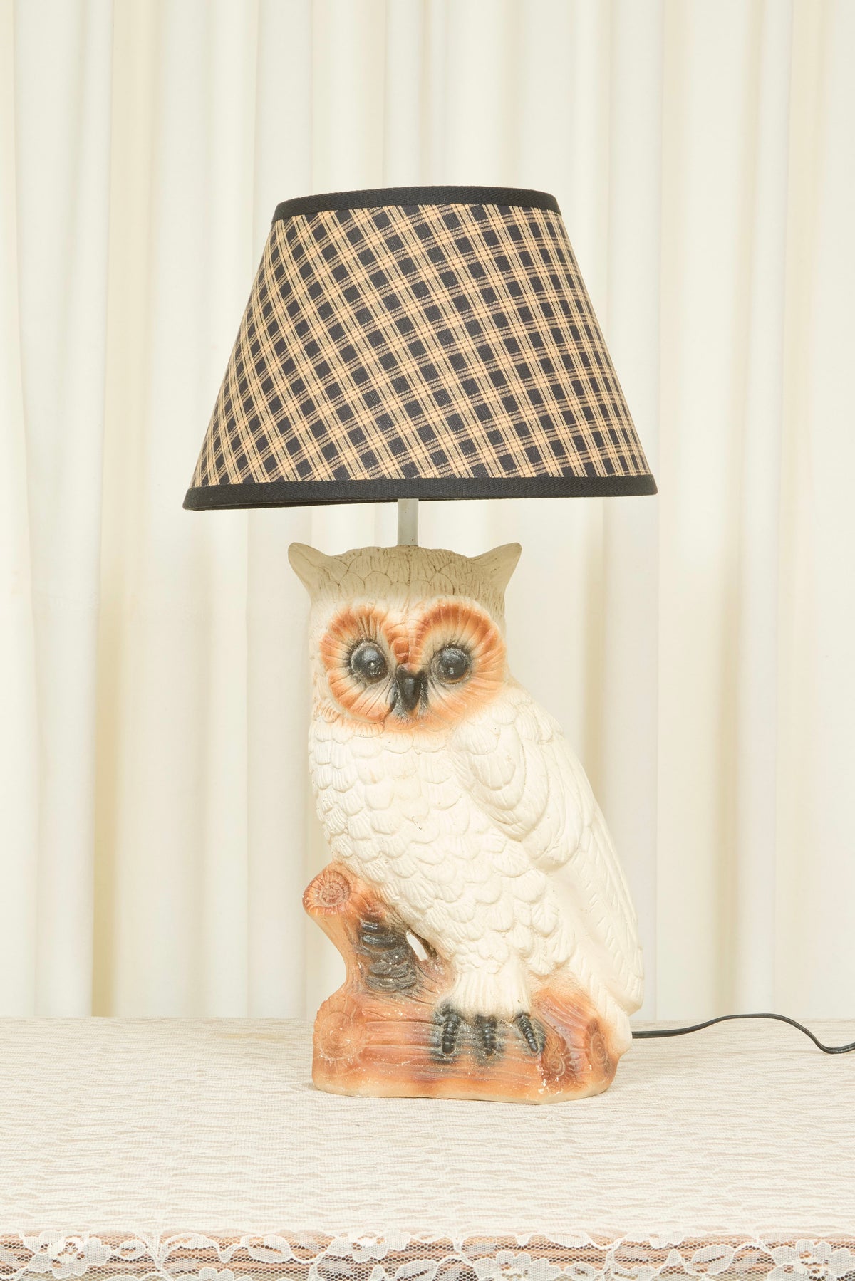 Vintage Owl Lamp w/ Plaid Lampshade