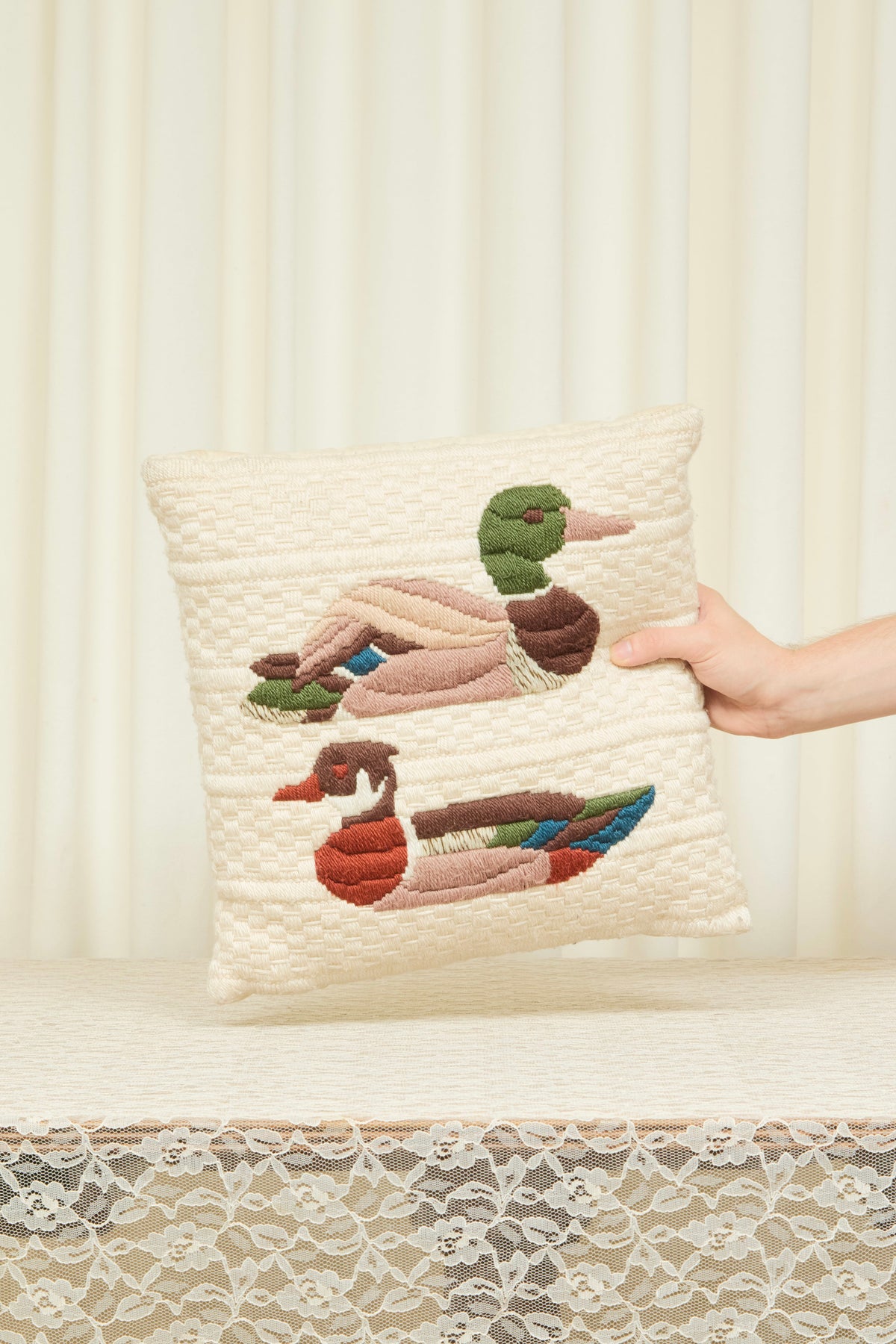 Vintage Embroidered Mallard Pillow